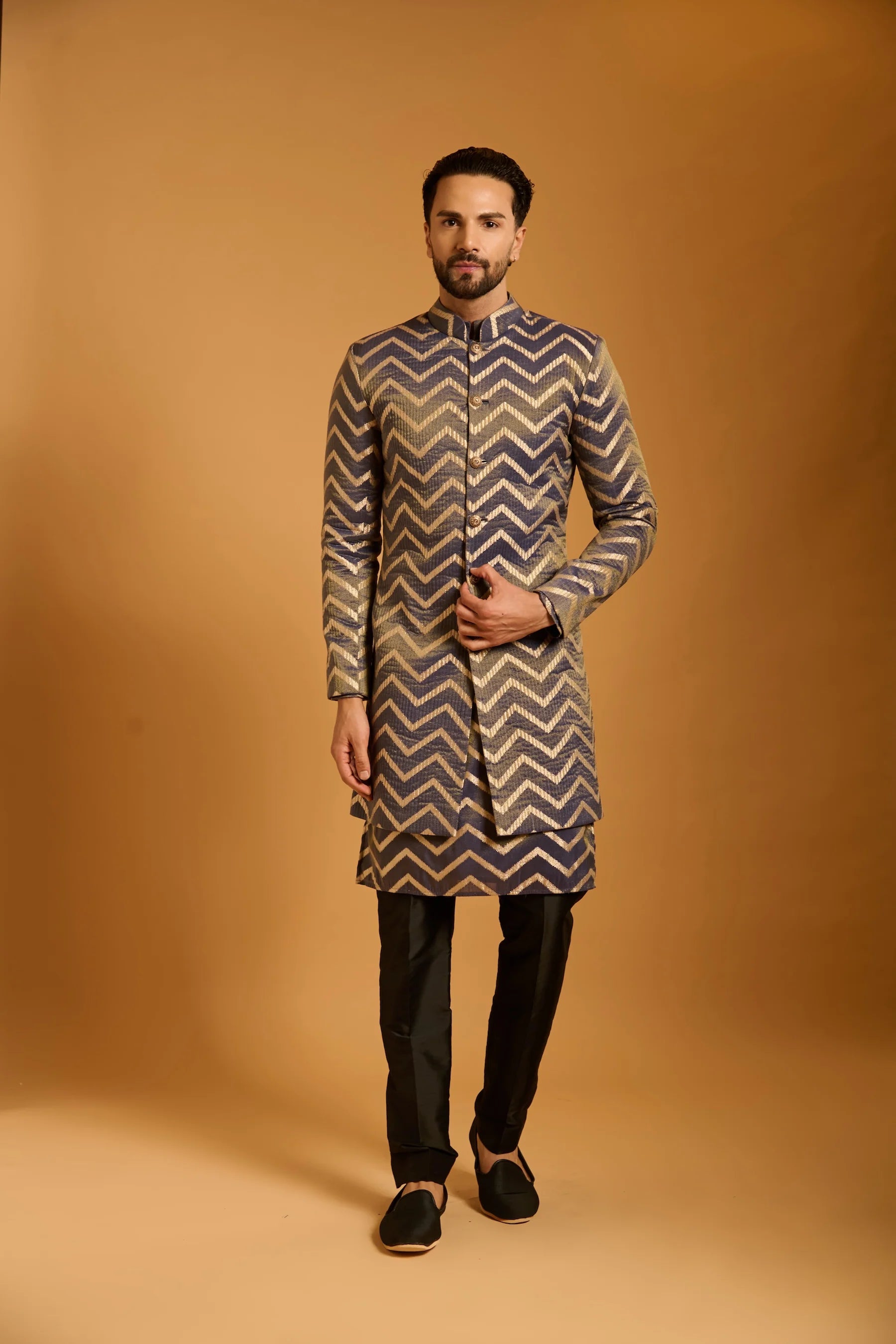 Trifecta charcoal chevron sherwani set