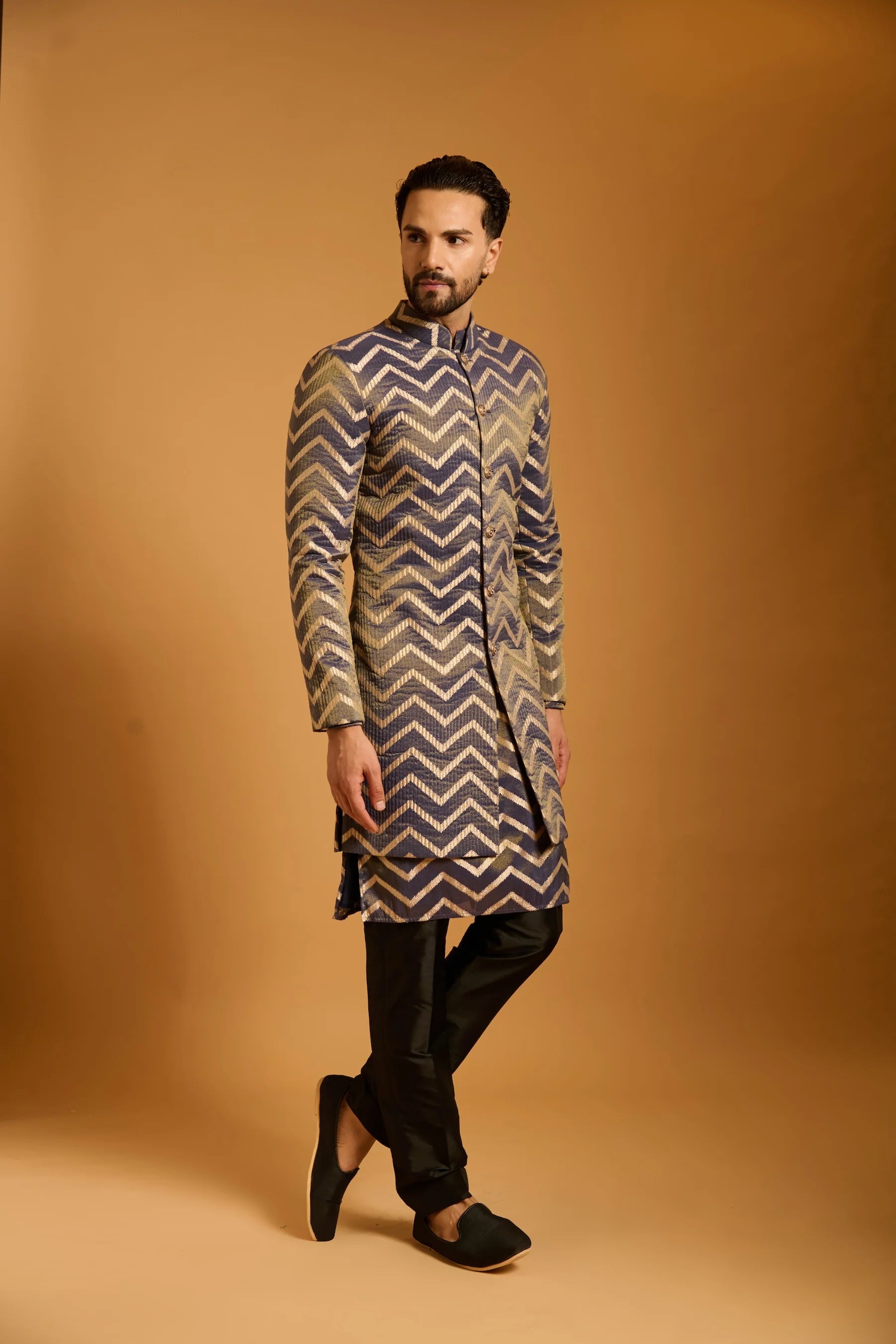 Trifecta charcoal chevron sherwani set