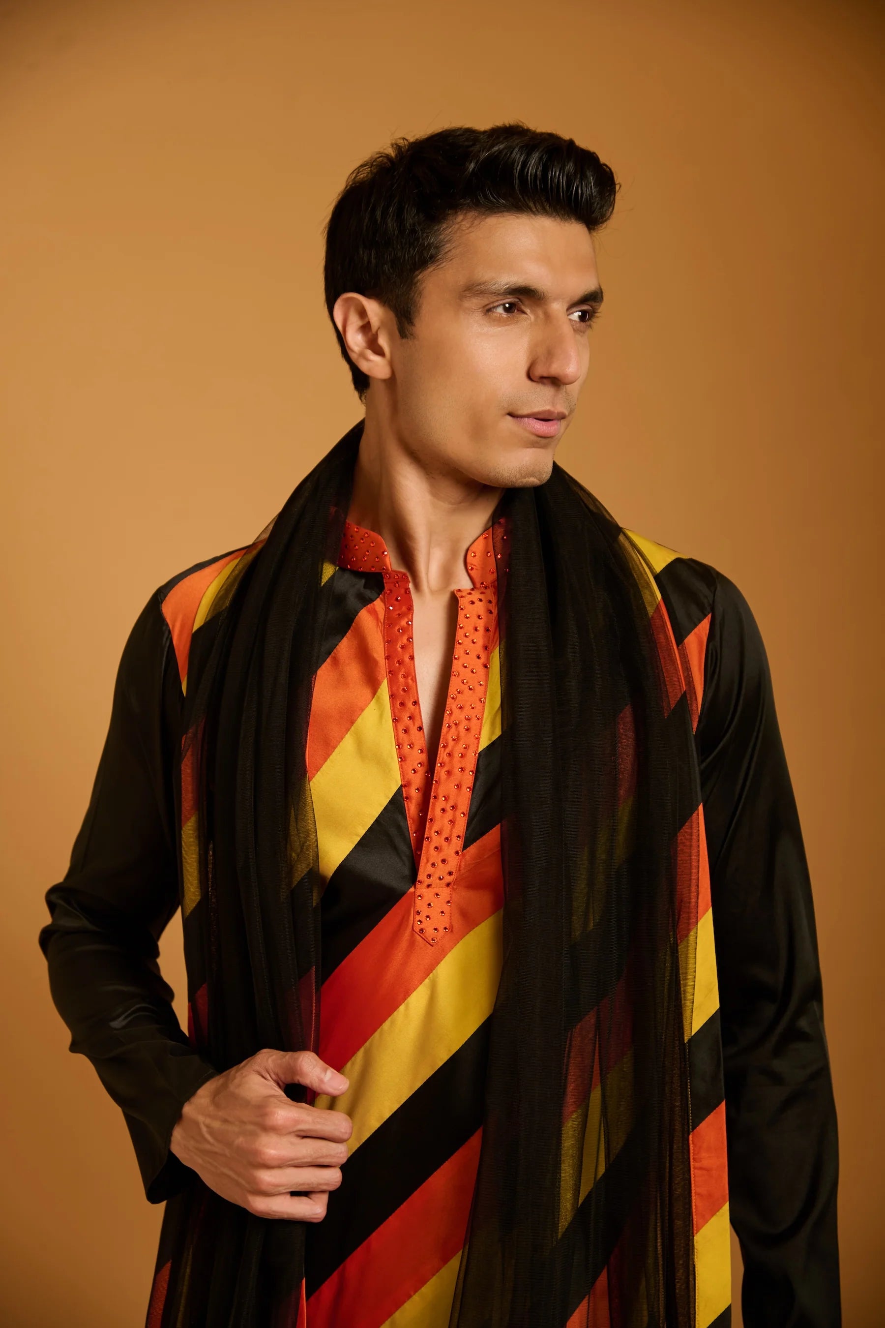 Trifecta black-orange-yellow striped kurta & dupatta