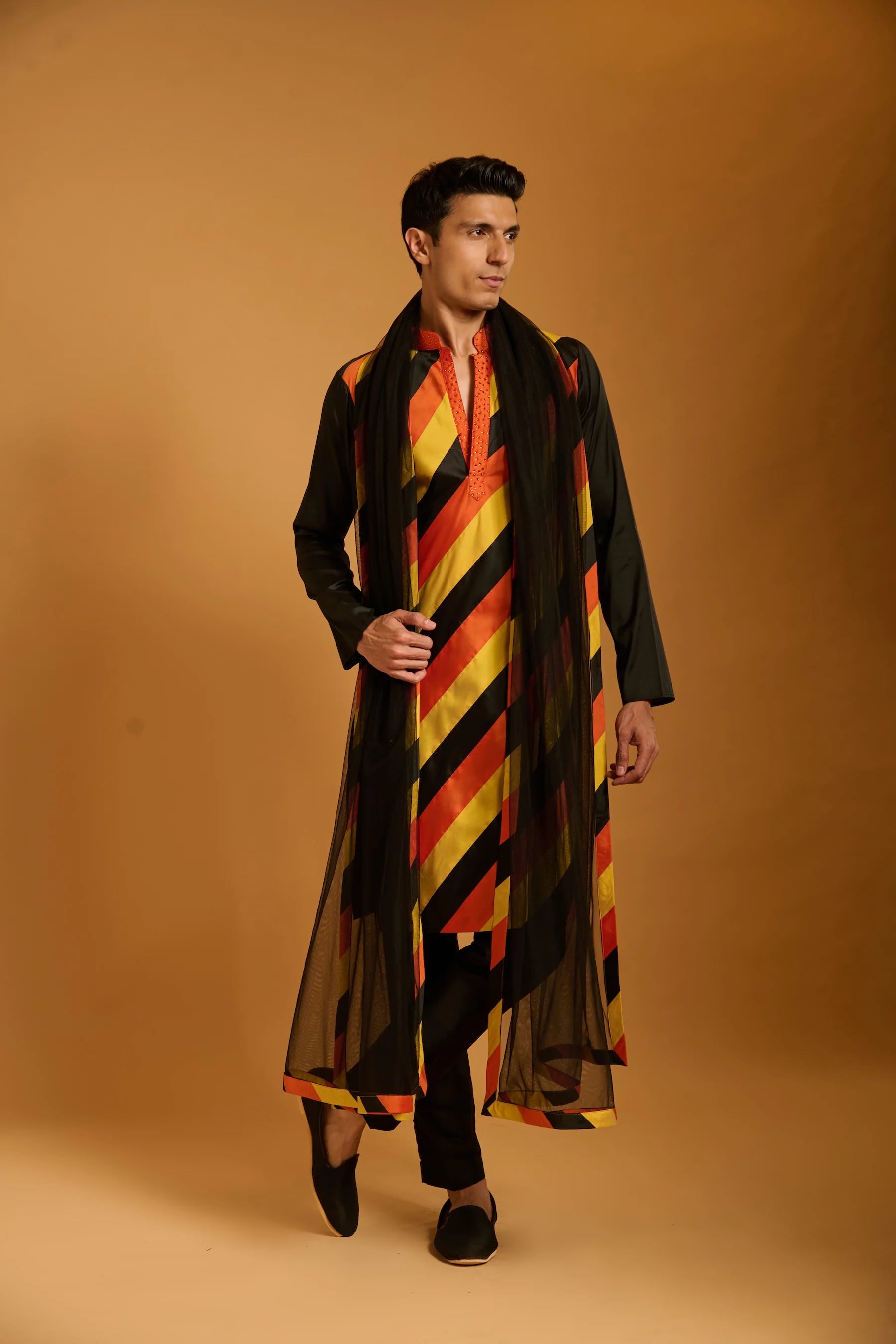 Trifecta black-orange-yellow striped kurta & dupatta