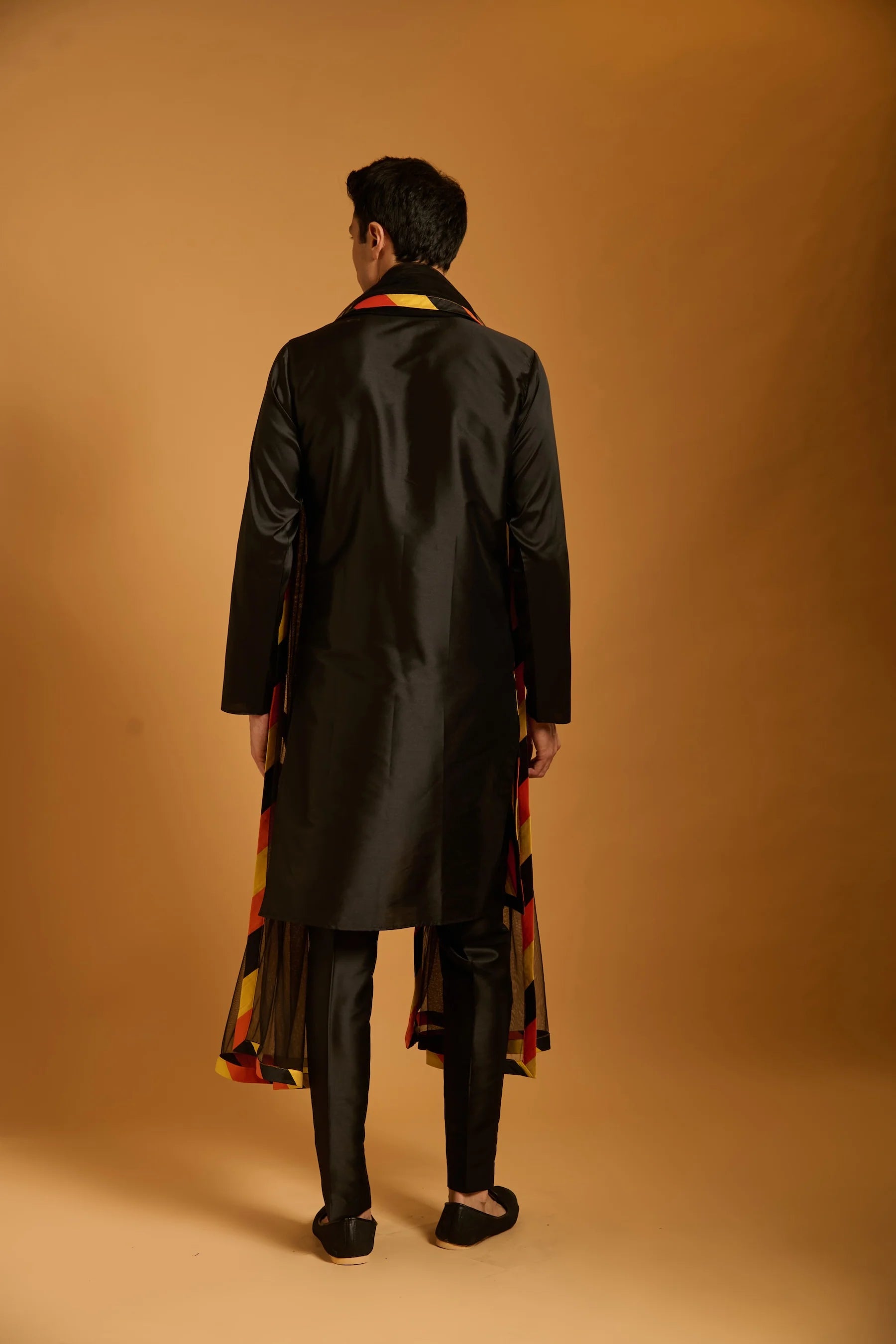 Trifecta black-orange-yellow striped kurta & dupatta