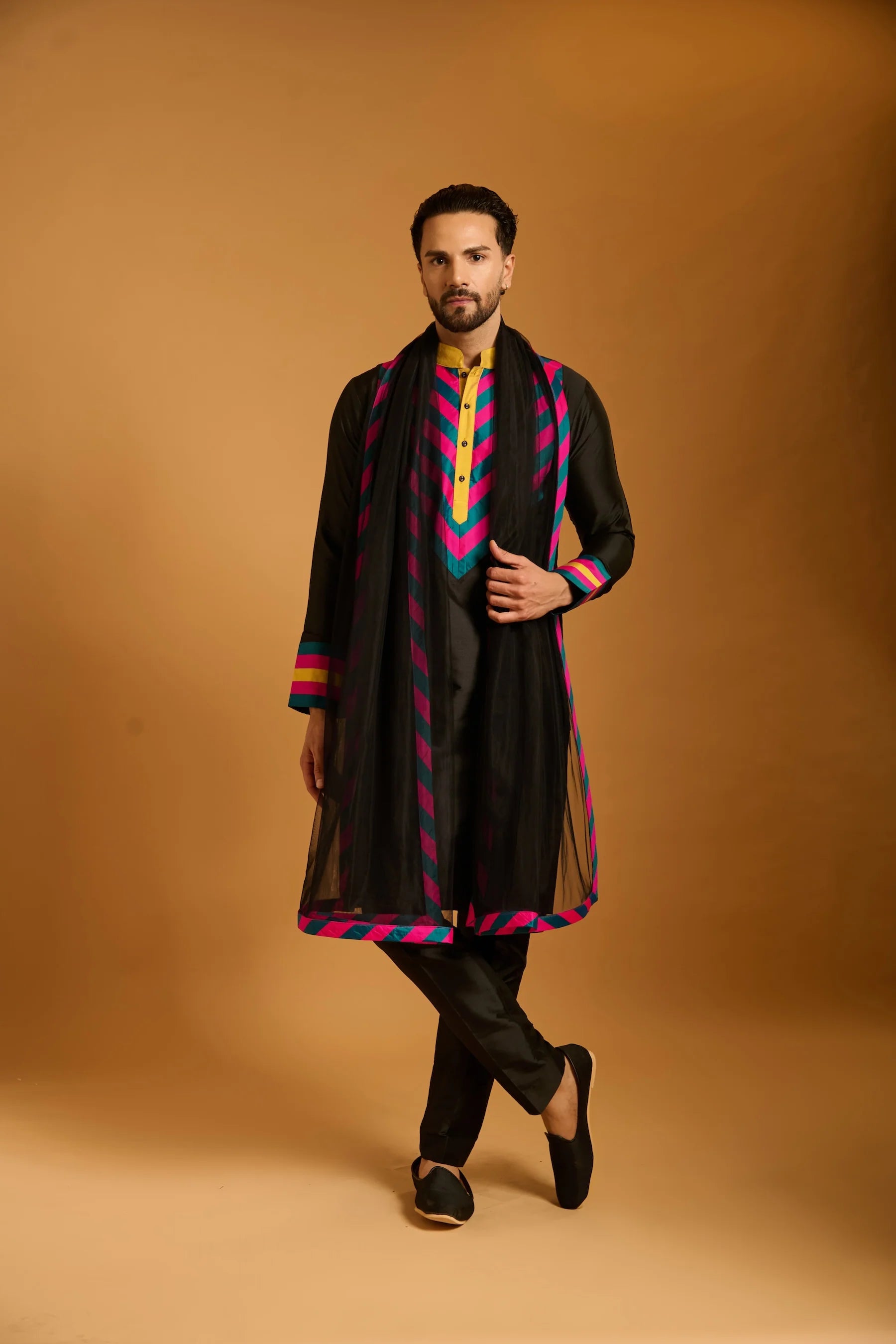 Trifecta fuchsia-teal yellow chevron bib kurta