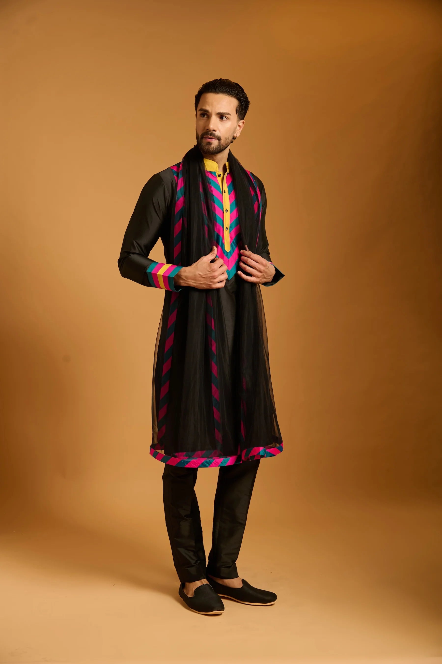 Trifecta fuchsia-teal yellow chevron bib kurta