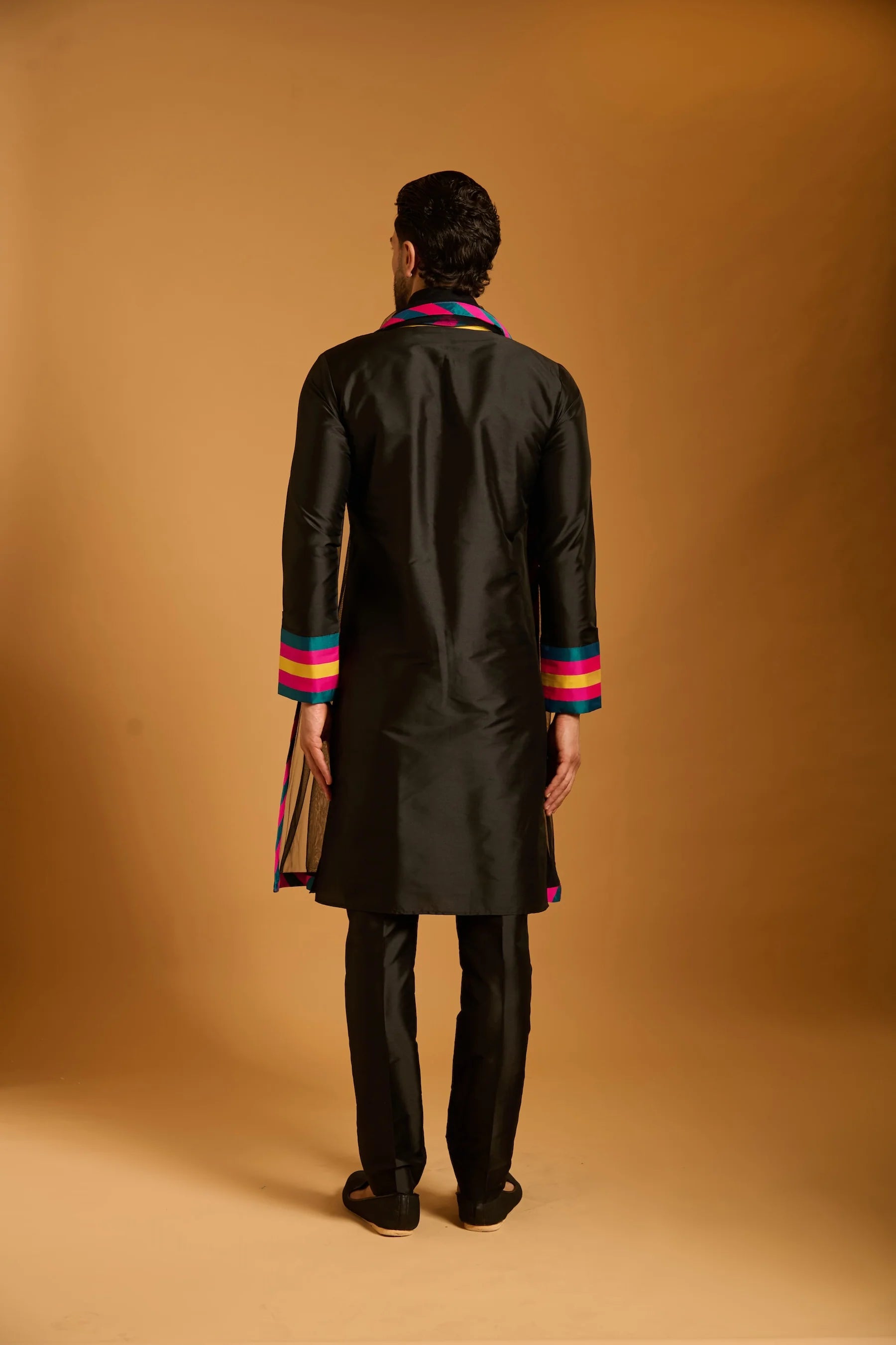 Trifecta fuchsia-teal yellow chevron bib kurta