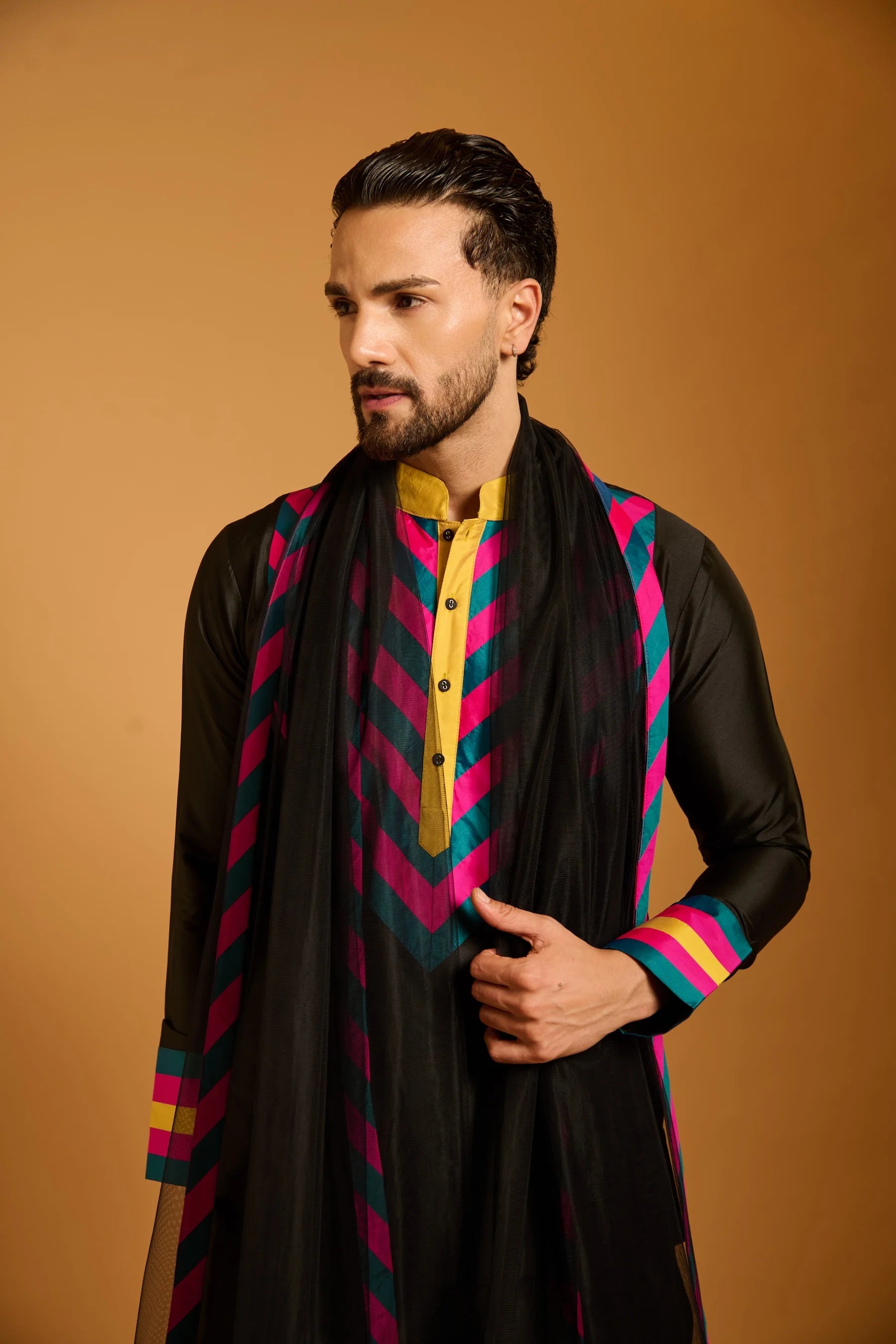 Trifecta fuchsia-teal yellow chevron bib kurta
