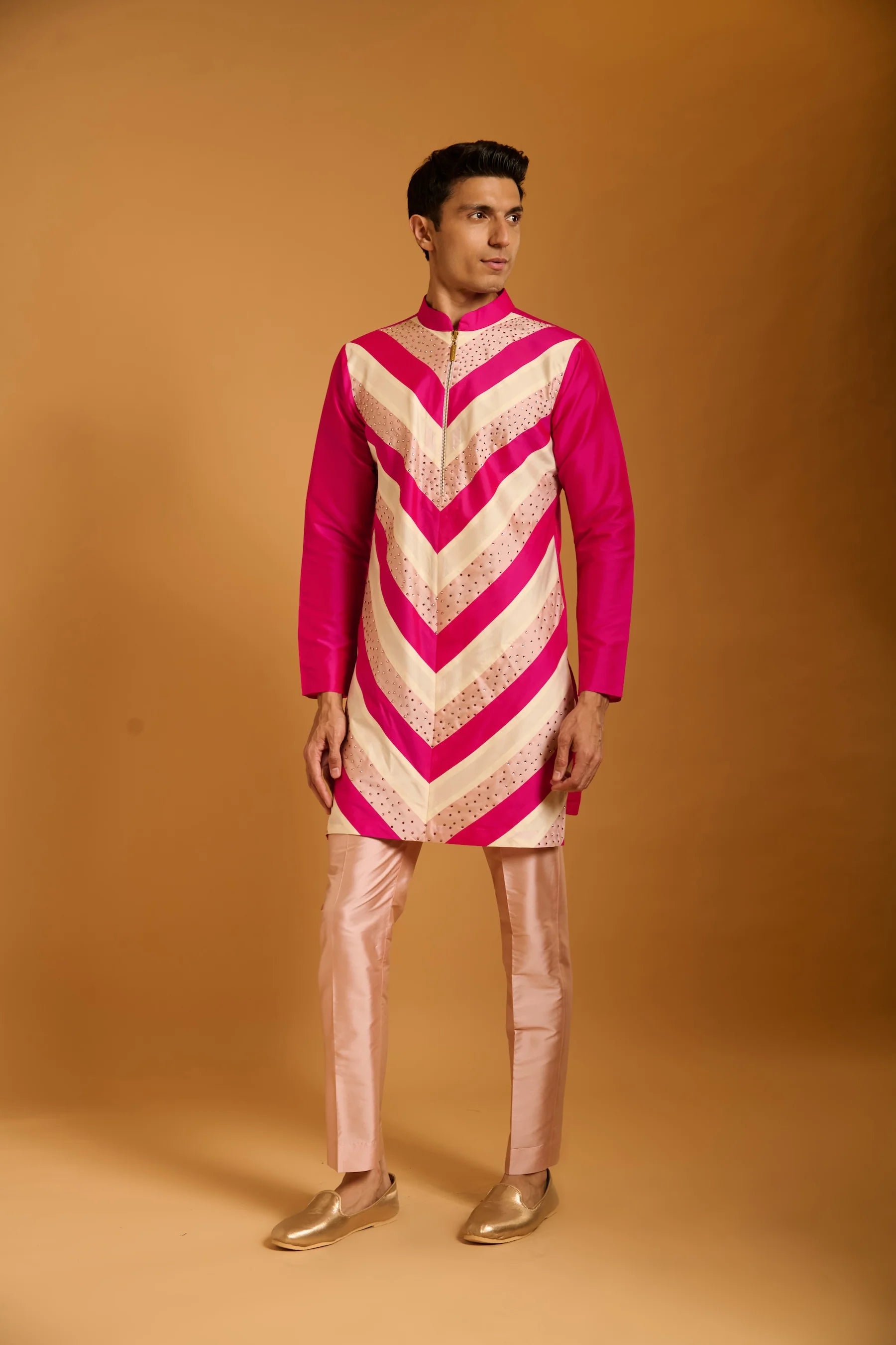 Trifecta pink-ivory crystal chevron kurta