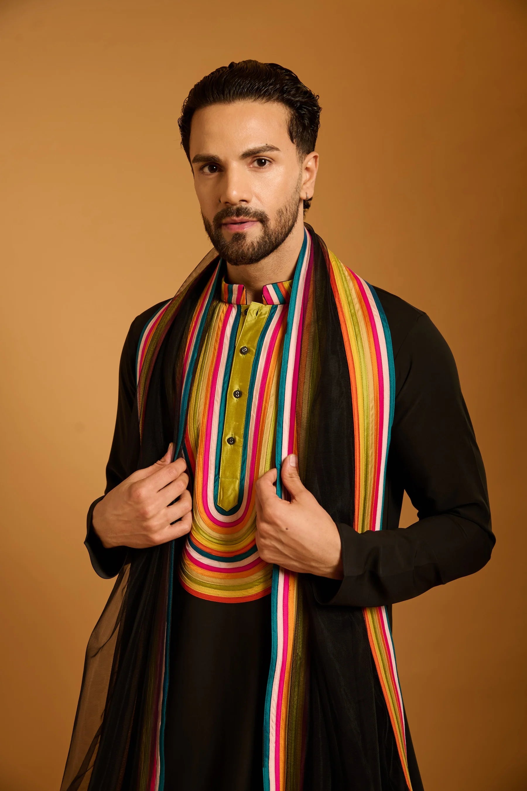 Trifecta black strip work bib kurta