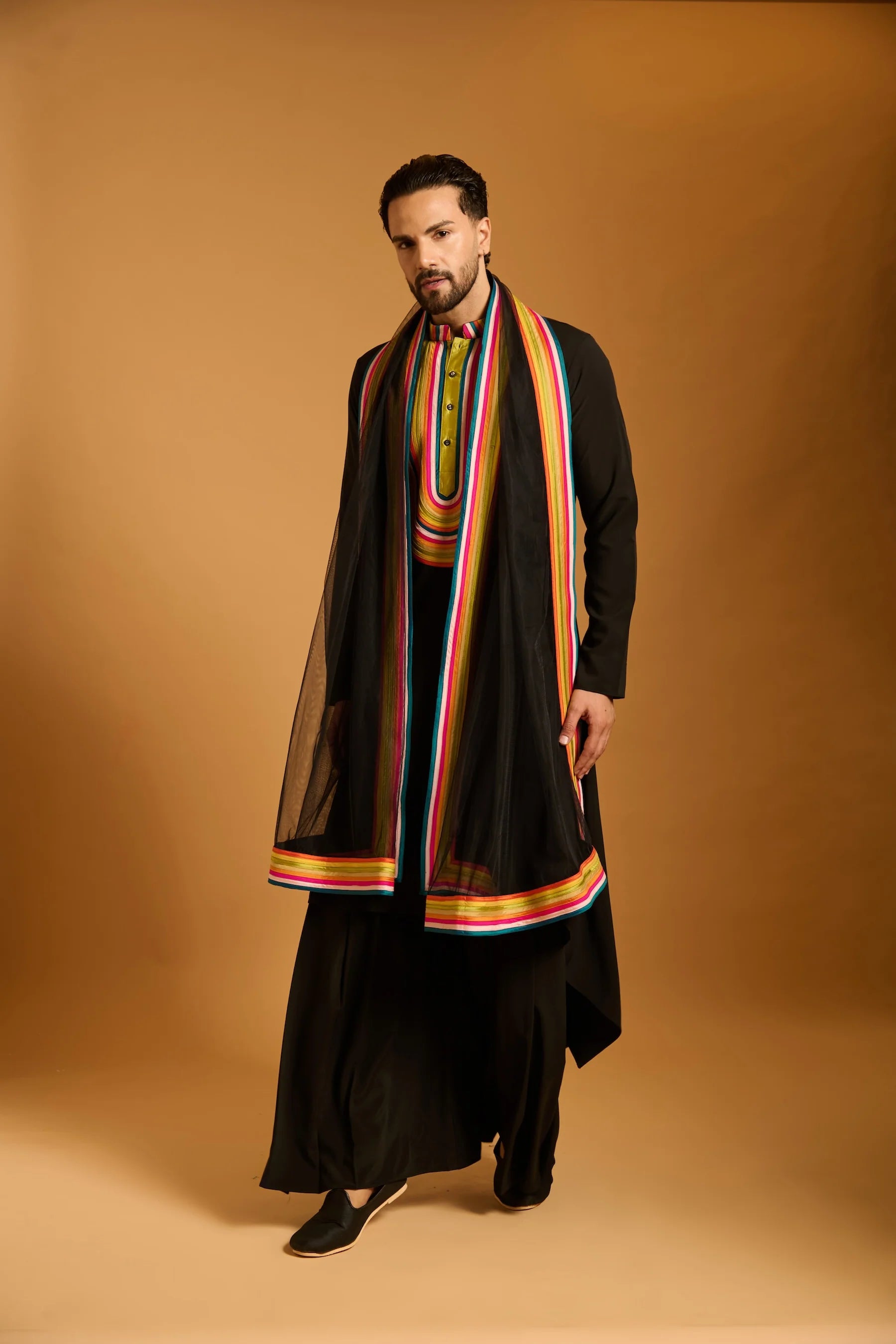 Trifecta black strip work bib kurta