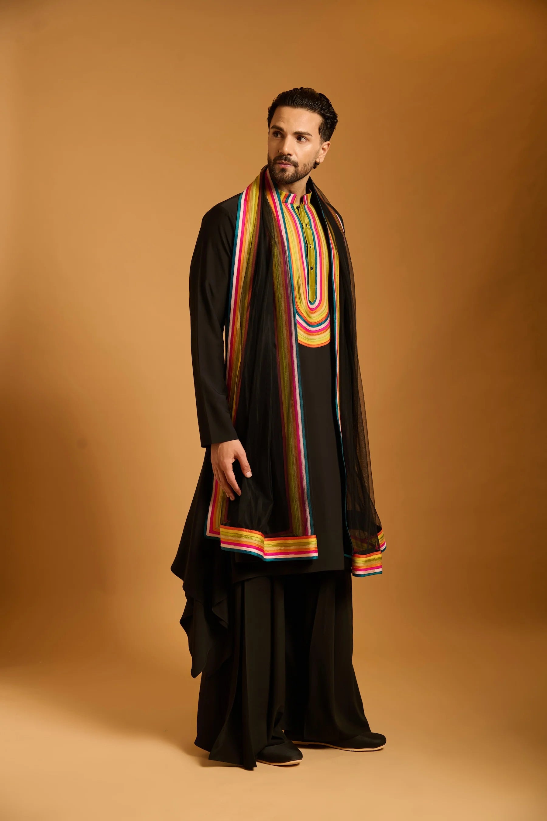 Trifecta black strip work bib kurta