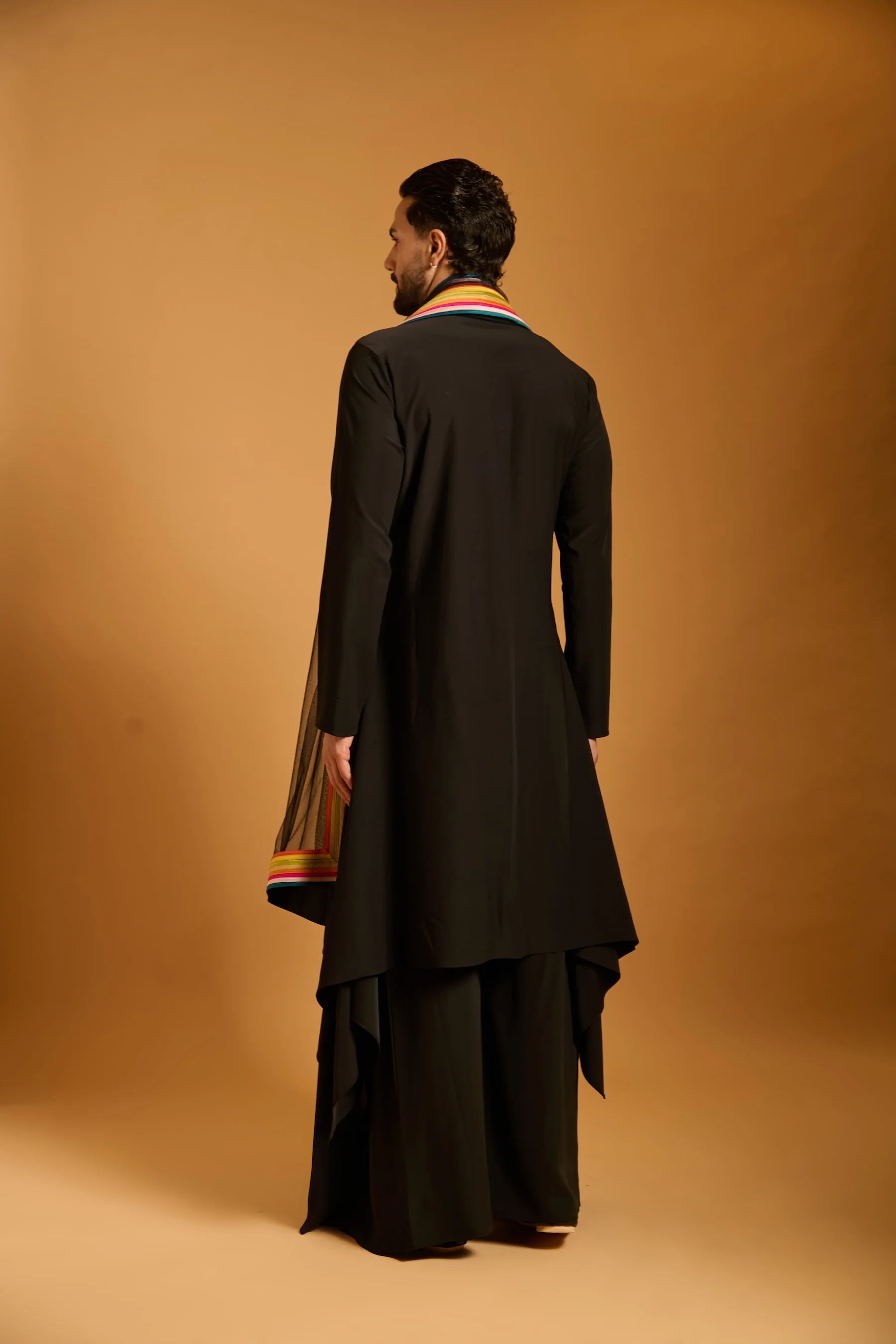 Trifecta black strip work bib kurta