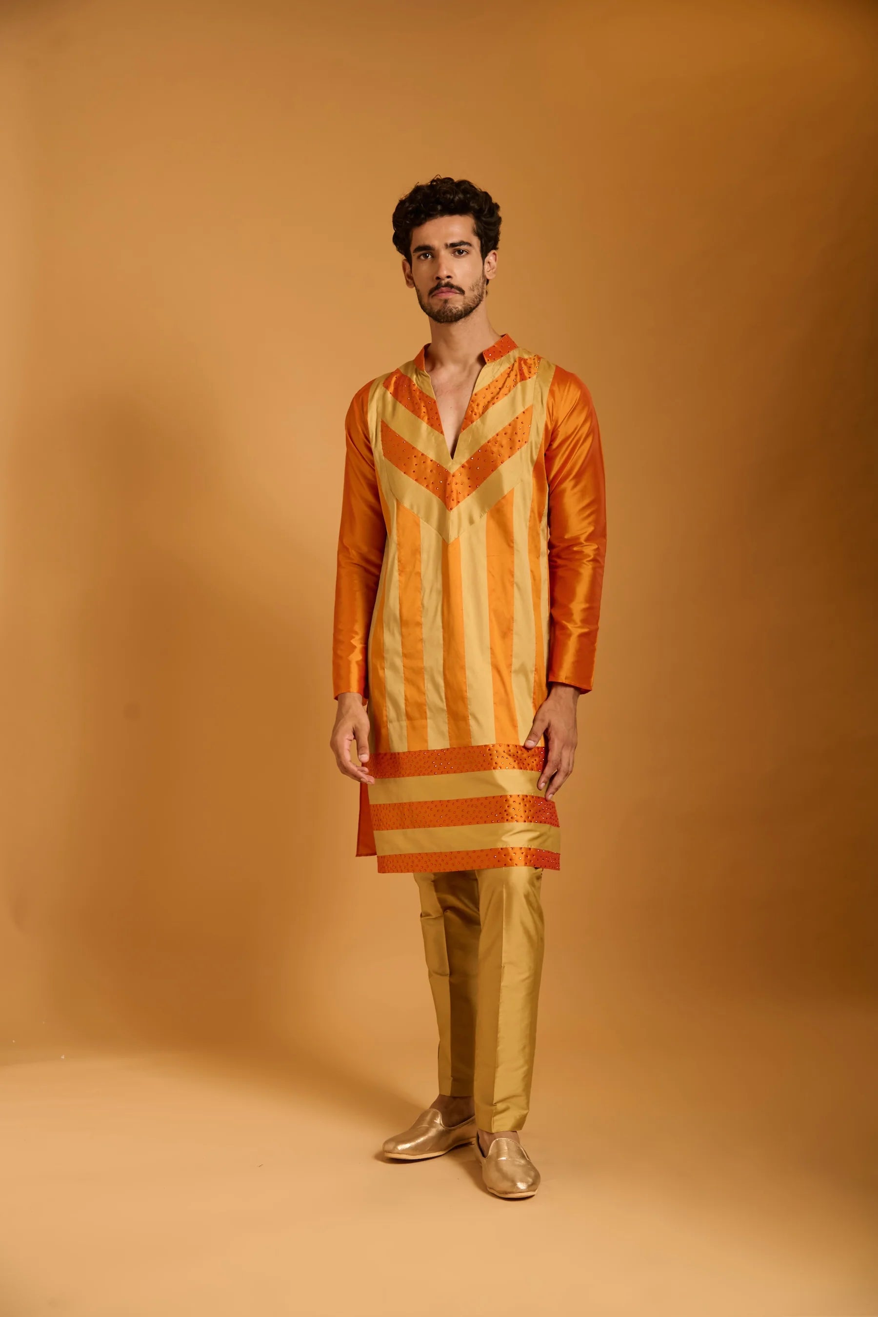 Trifecta orange-beige crystal striped kurta