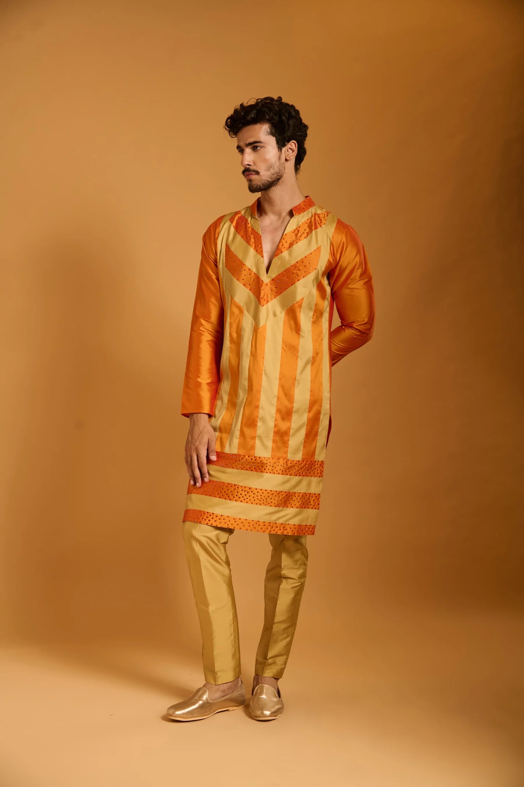 Trifecta orange-beige crystal striped kurta