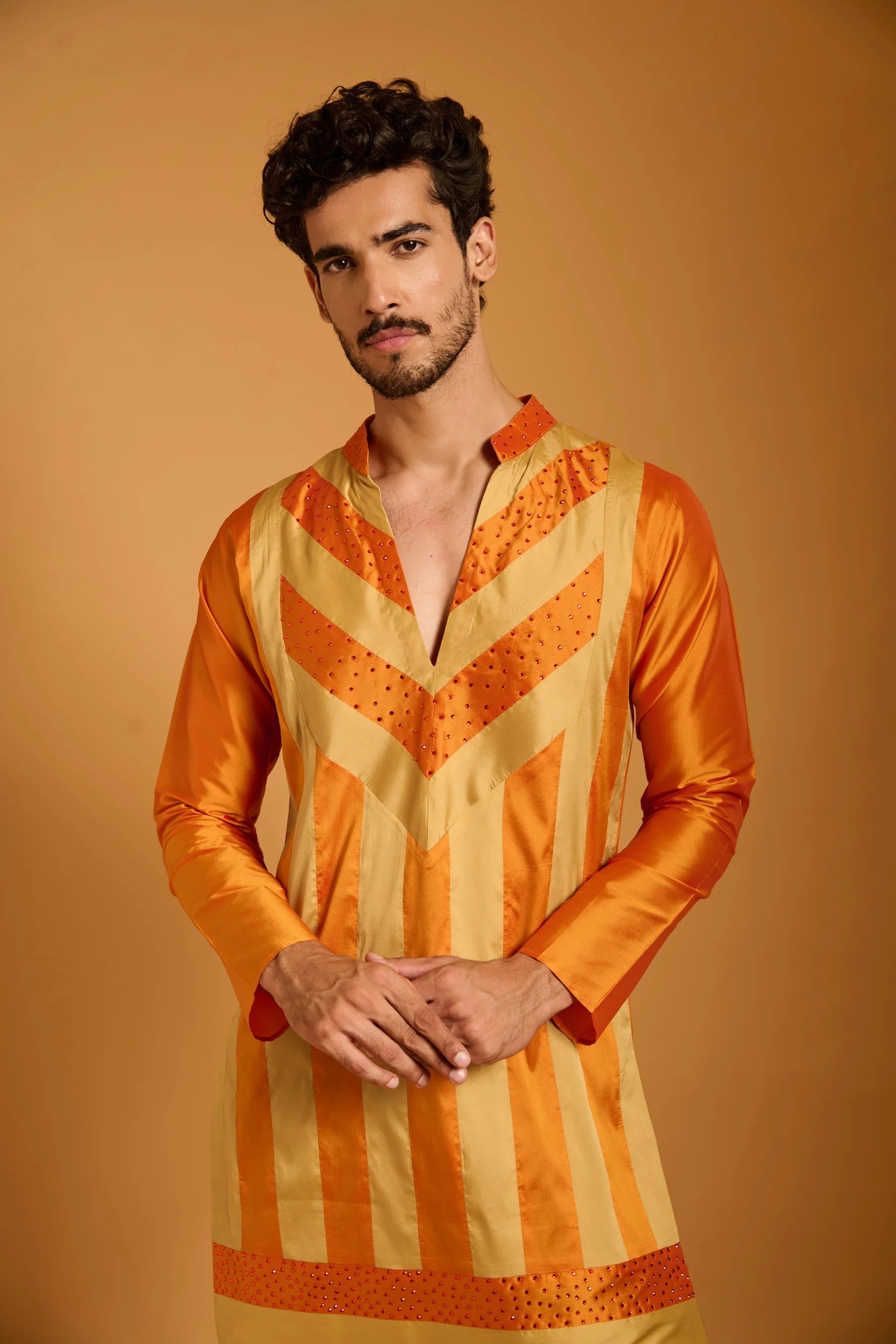 Trifecta orange-beige crystal striped kurta