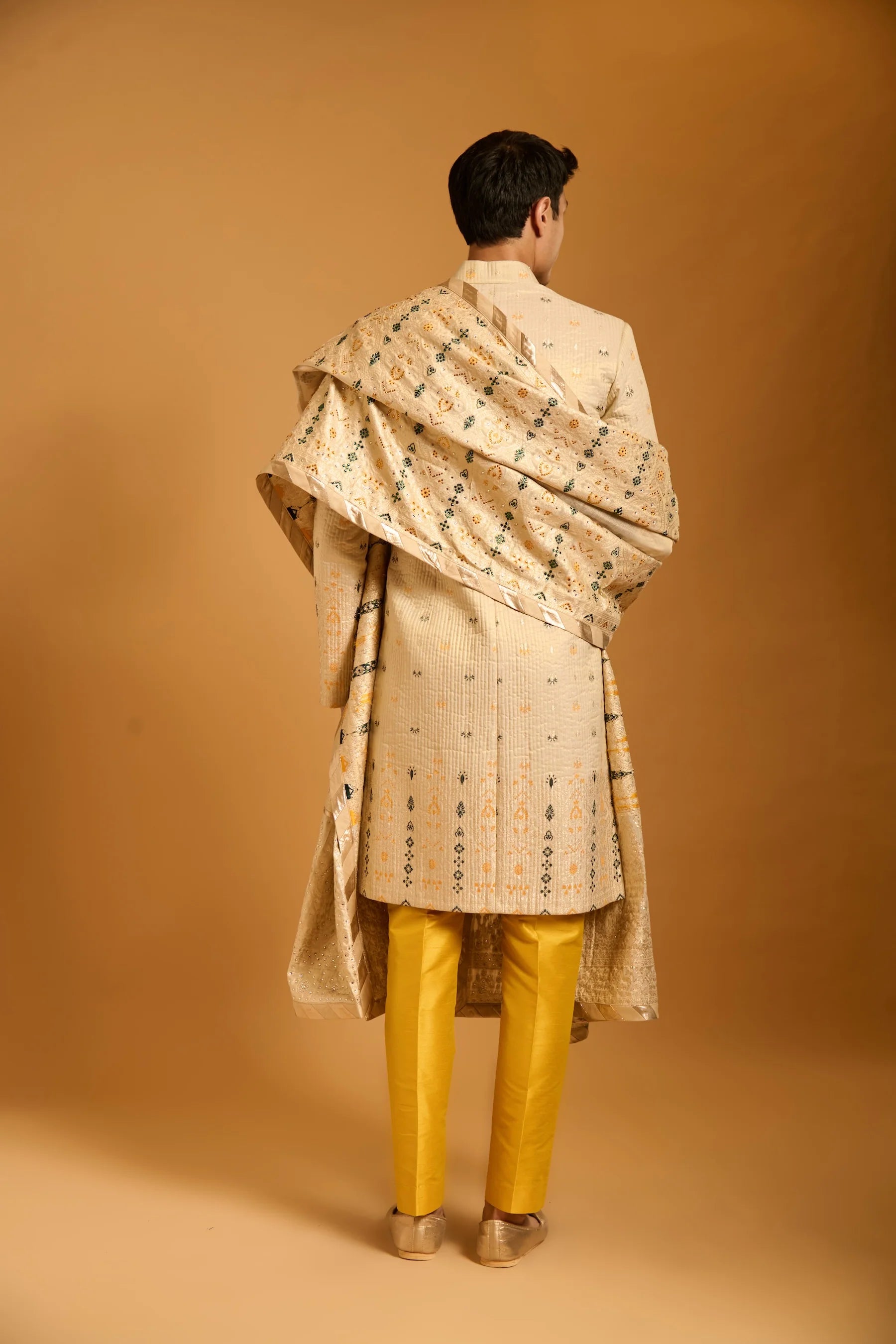 Trifecta teal-yellow bootie chanderi sherwani set