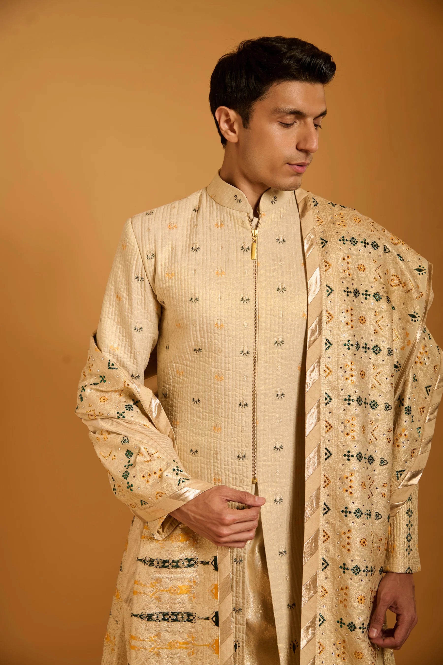 Trifecta teal-yellow bootie chanderi sherwani set