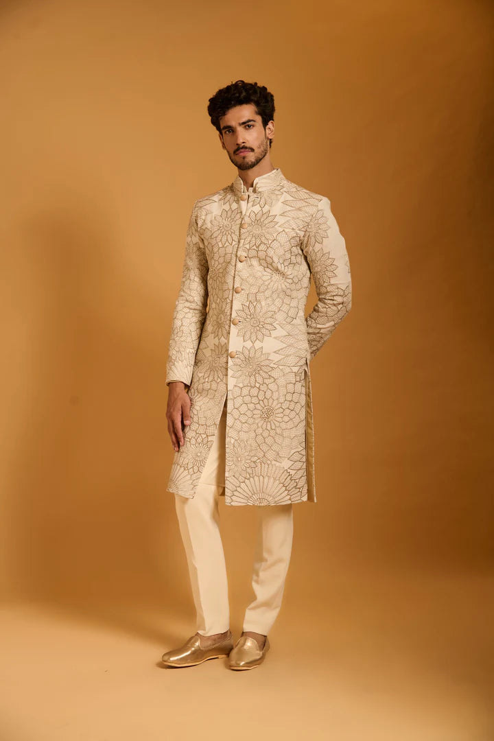 Trifecta ivory floral lattice sherwani