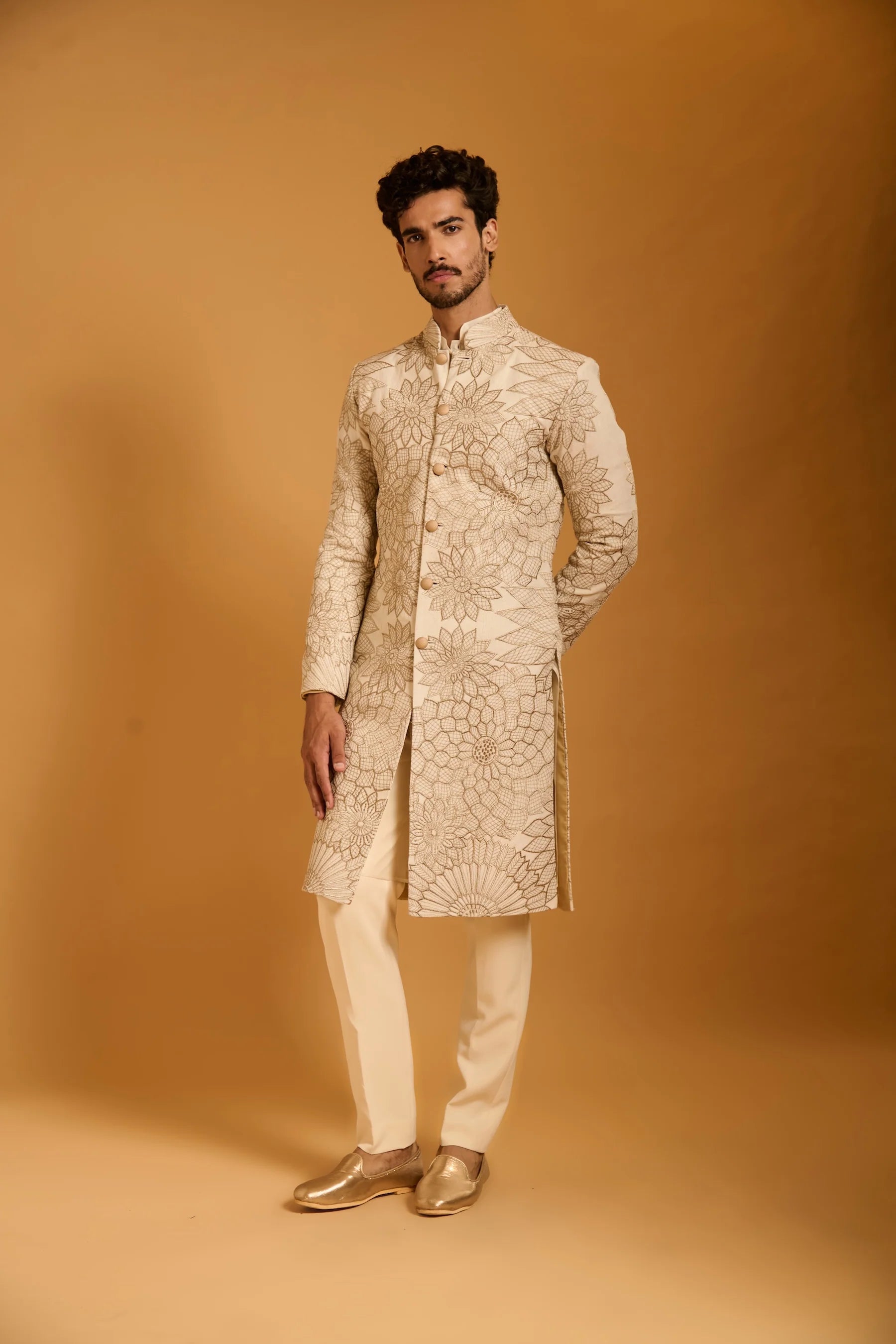 Trifecta beige crystal sherwani