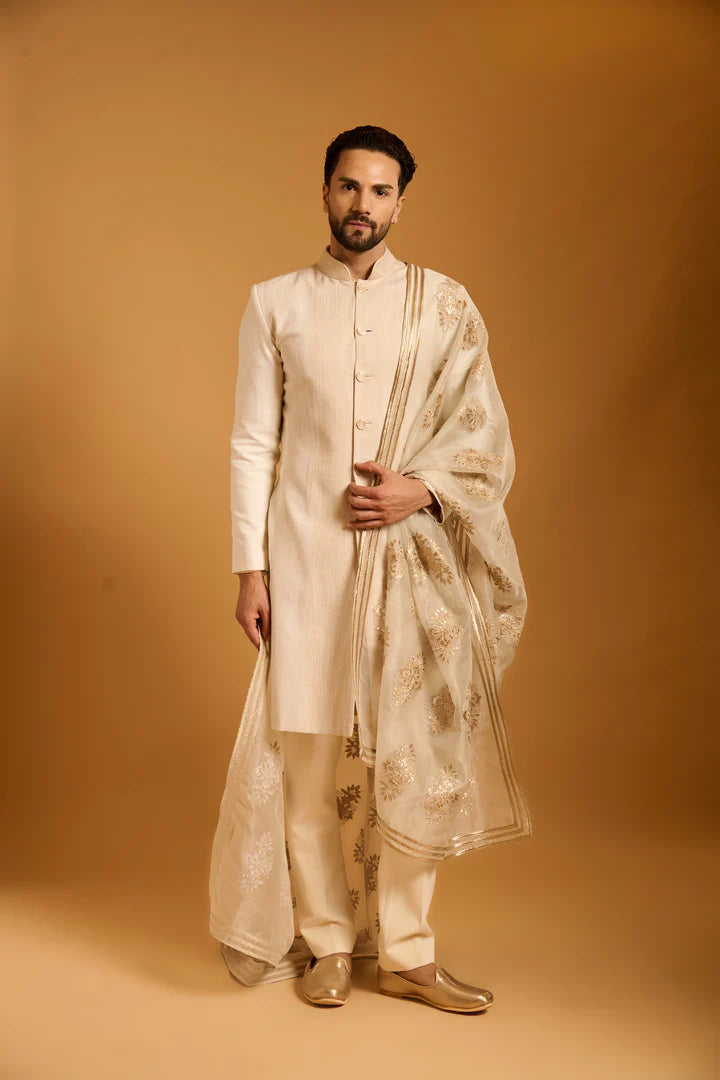Trifecta ivory top stitch dupatta sherwani