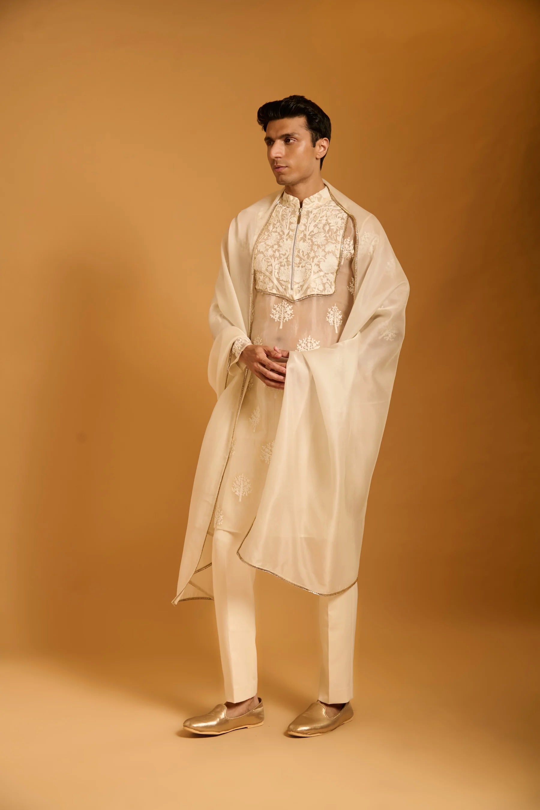 Trifecta ivory threadwork sheer sherwani
