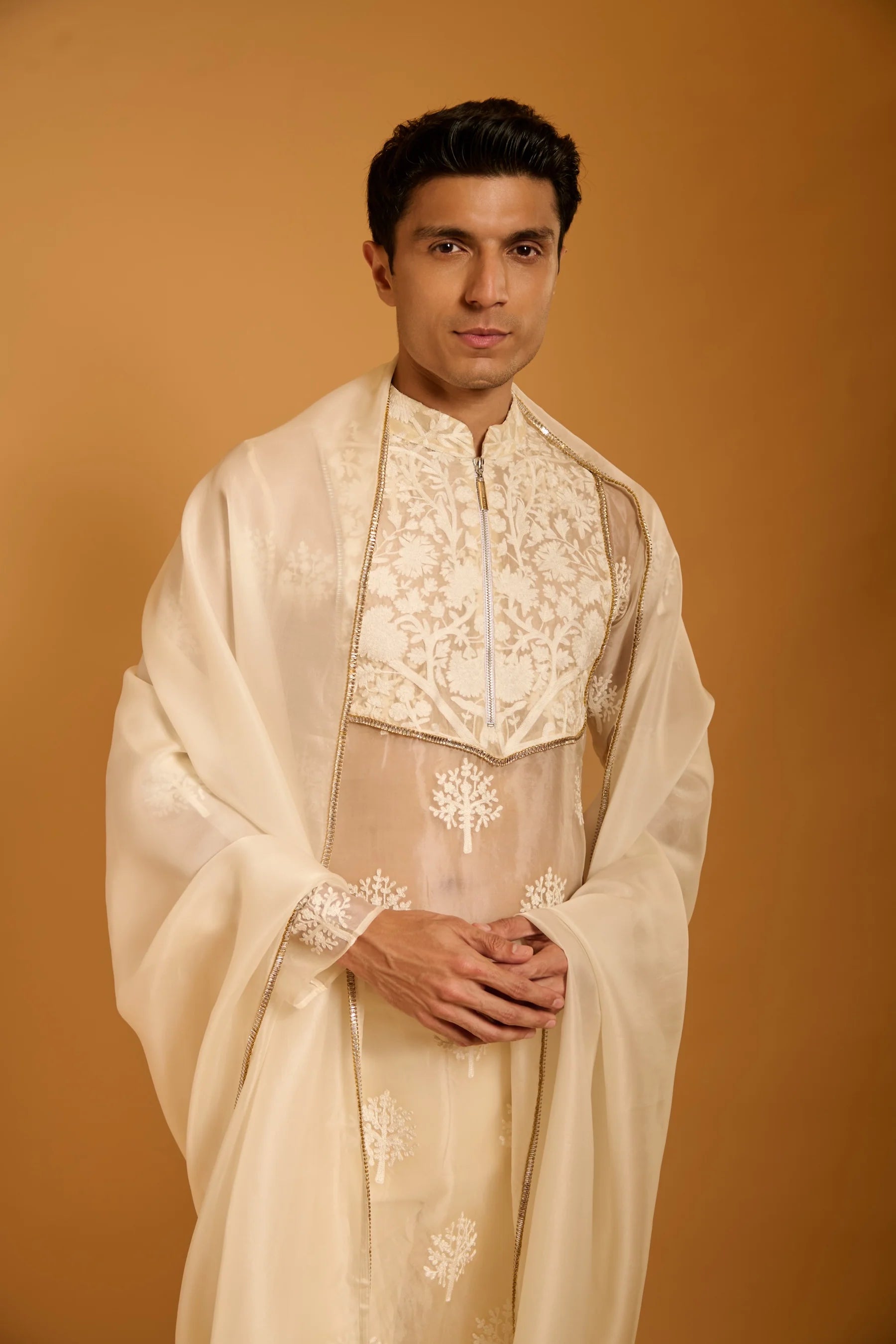 Trifecta ivory threadwork sheer sherwani