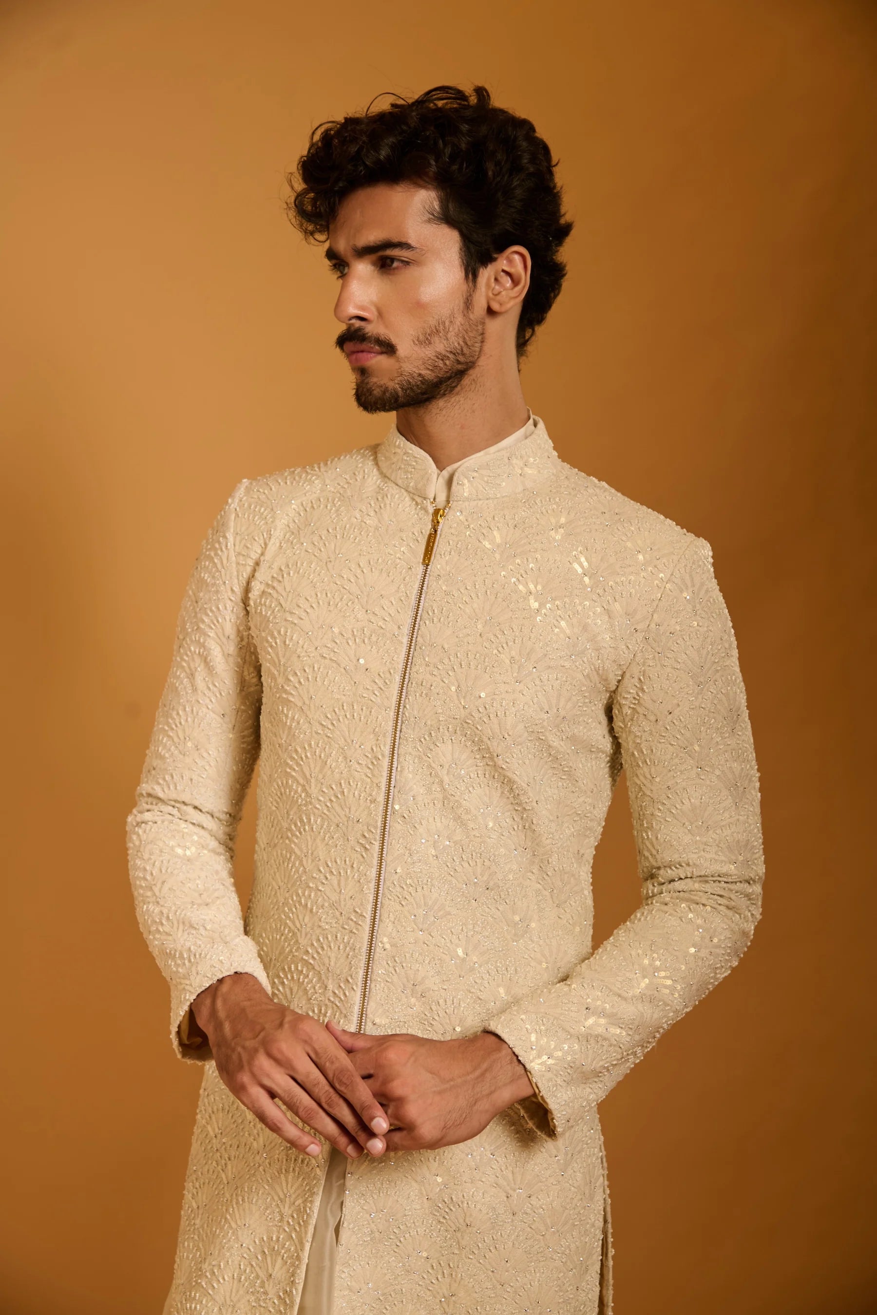 Trifecta ivory fan sequin sherwani