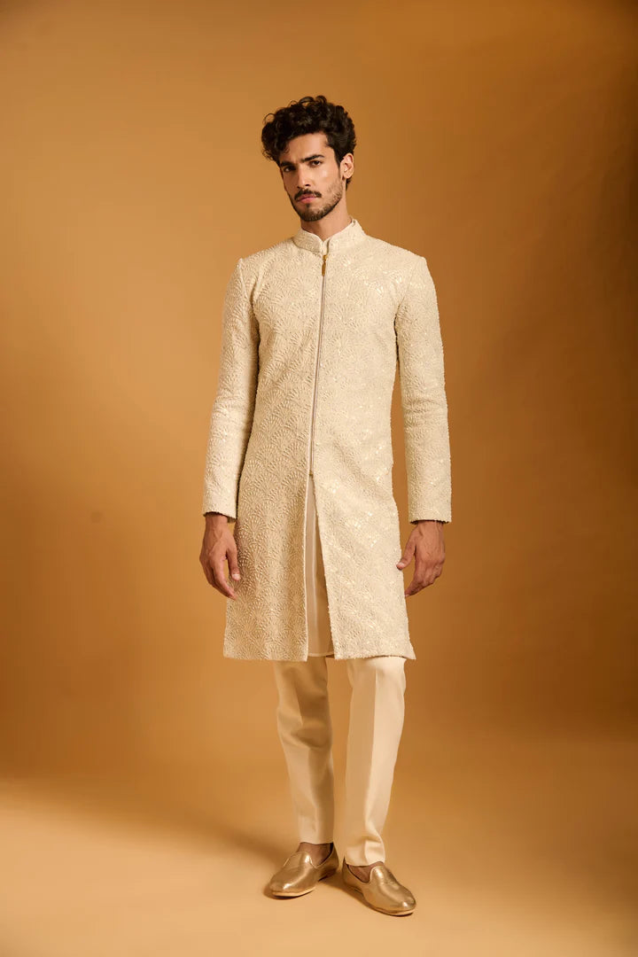 Trifecta ivory fan sequin sherwani