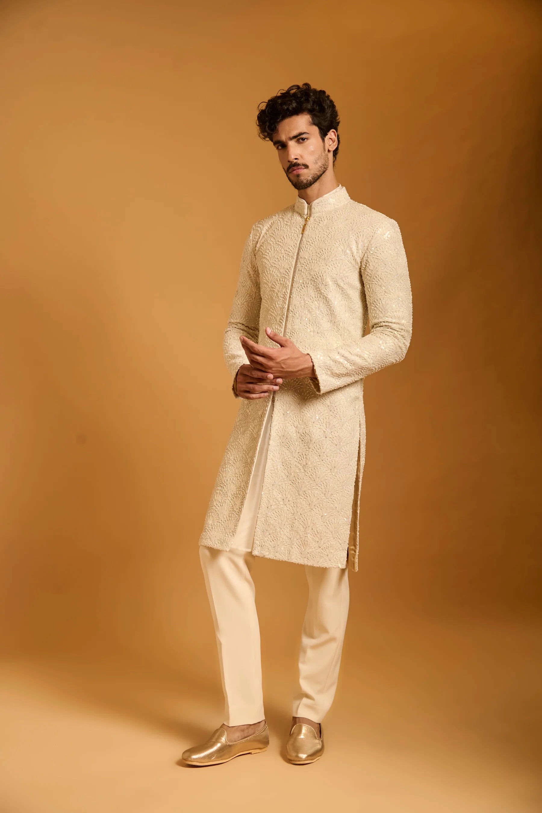 Trifecta ivory fan sequin sherwani