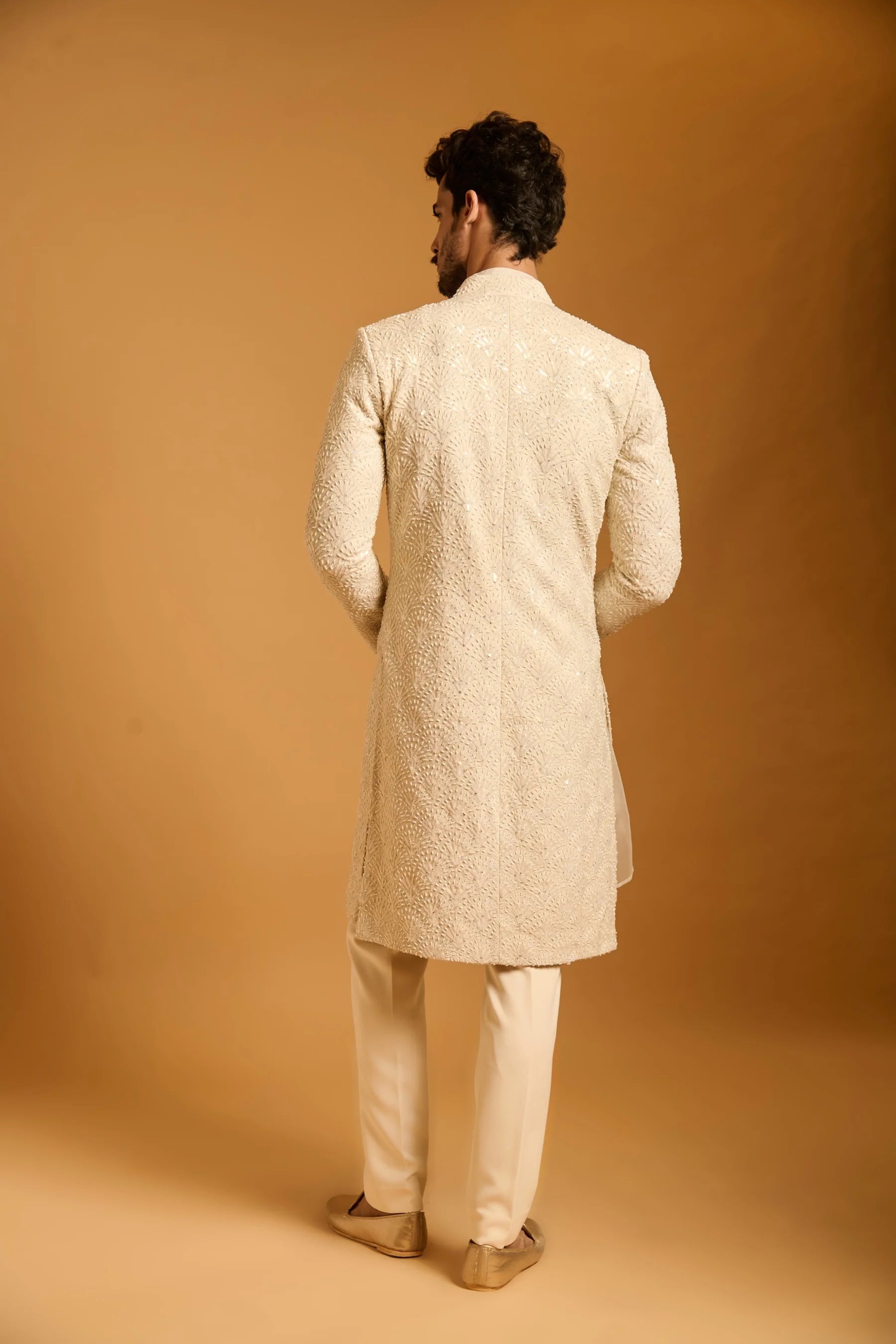 Trifecta ivory fan sequin sherwani