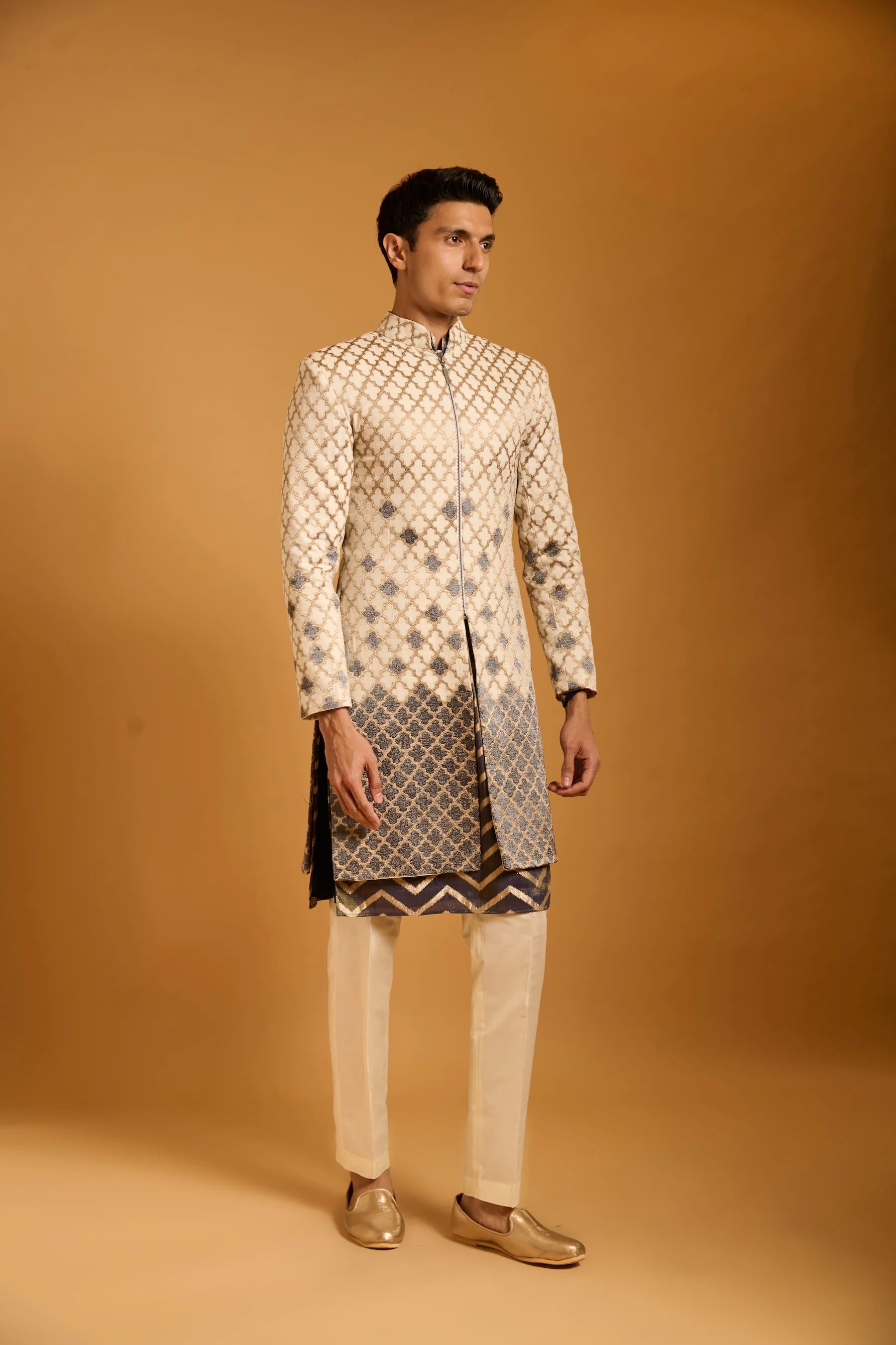 Trifecta ivory applique sherwani