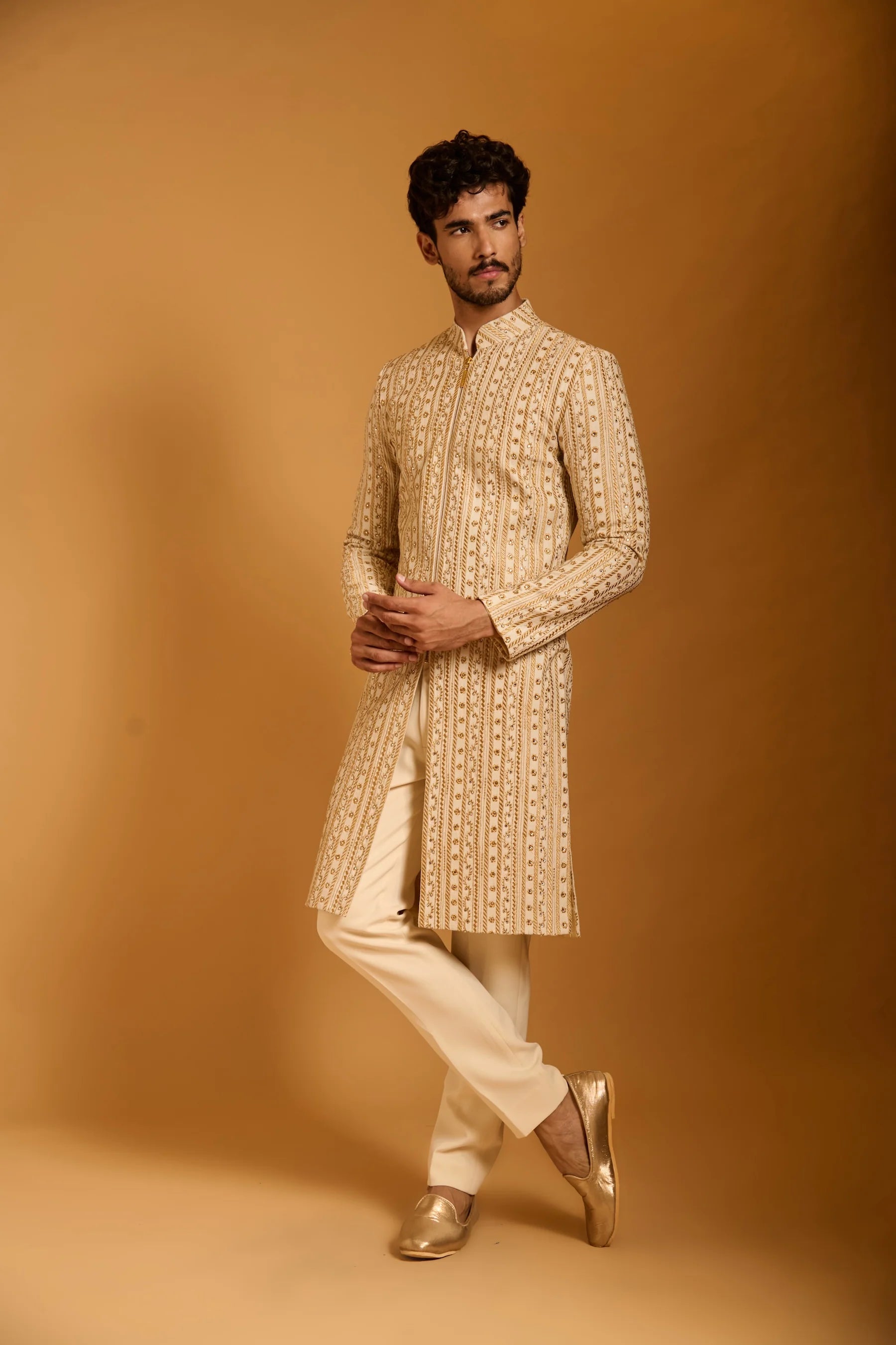 Trifecta ivory striped zari sherwani