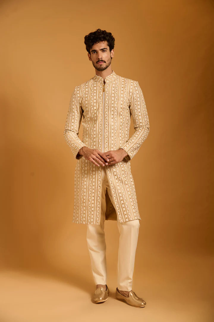Trifecta ivory striped zari sherwani