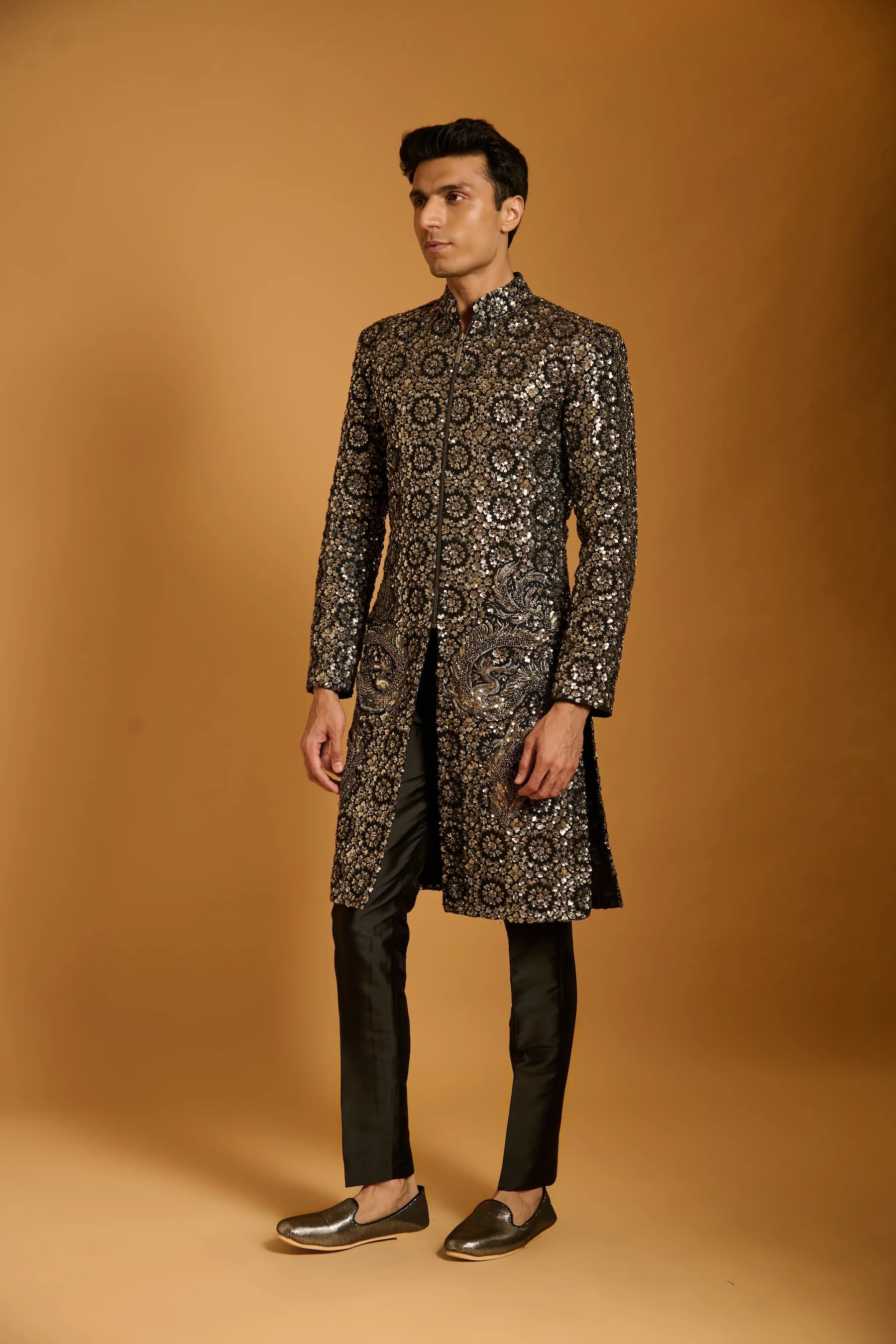 Trifecta black gunmetal sequin dragon sherwani