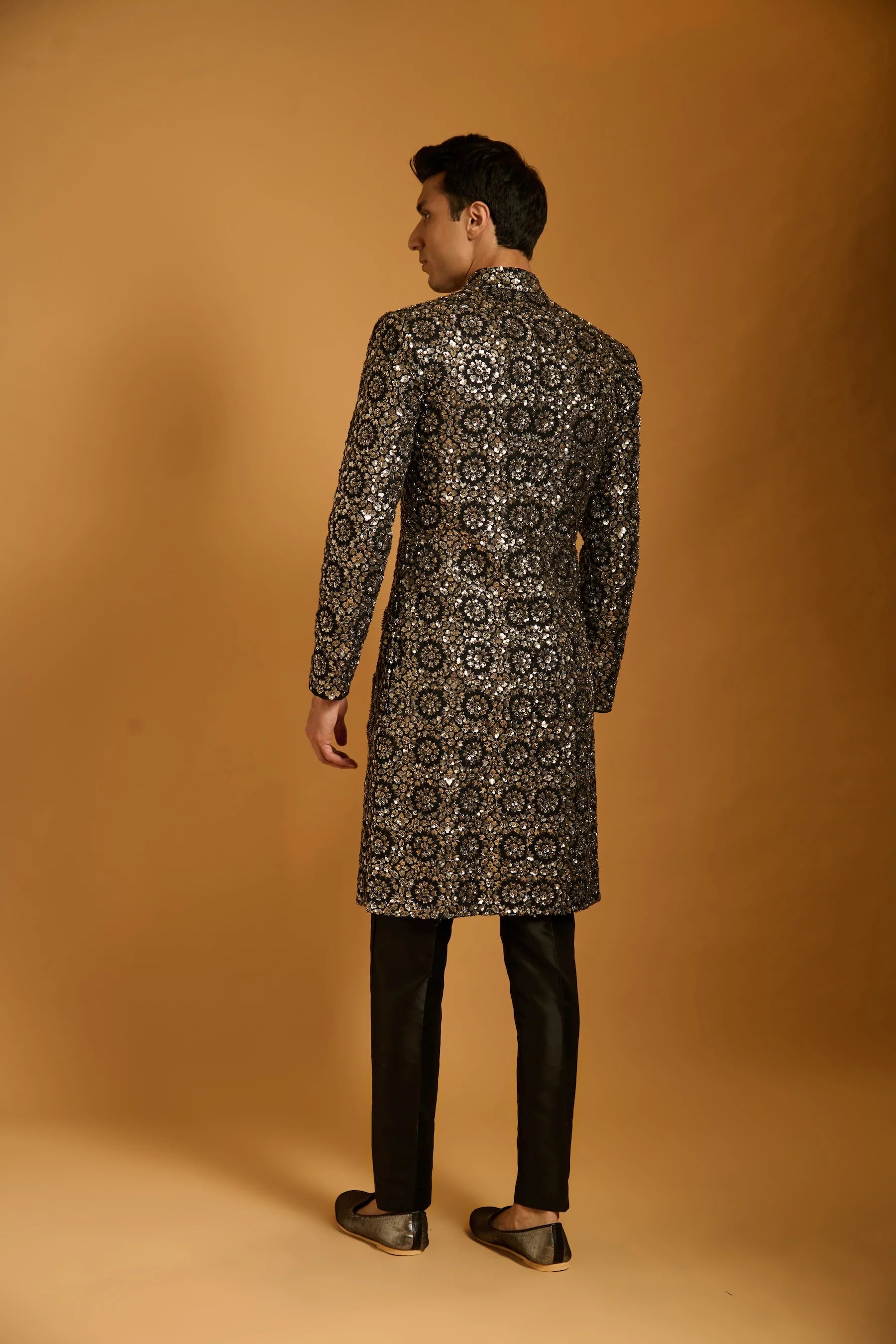 Trifecta black gunmetal sequin dragon sherwani