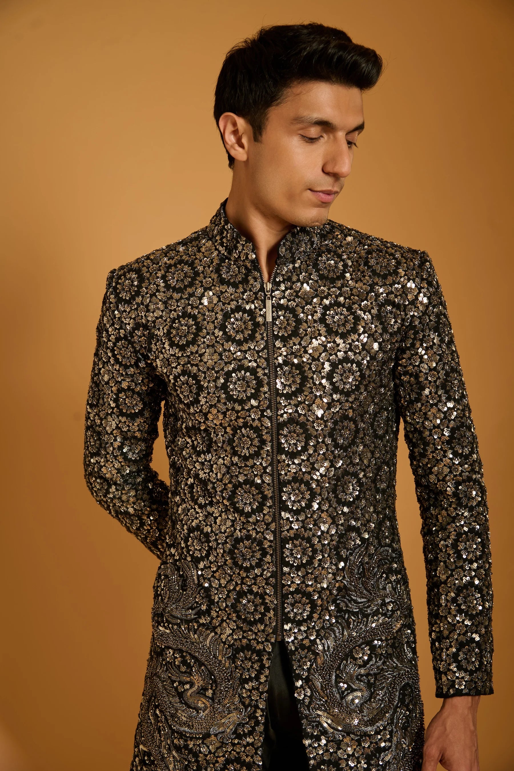 Trifecta black gunmetal sequin dragon sherwani