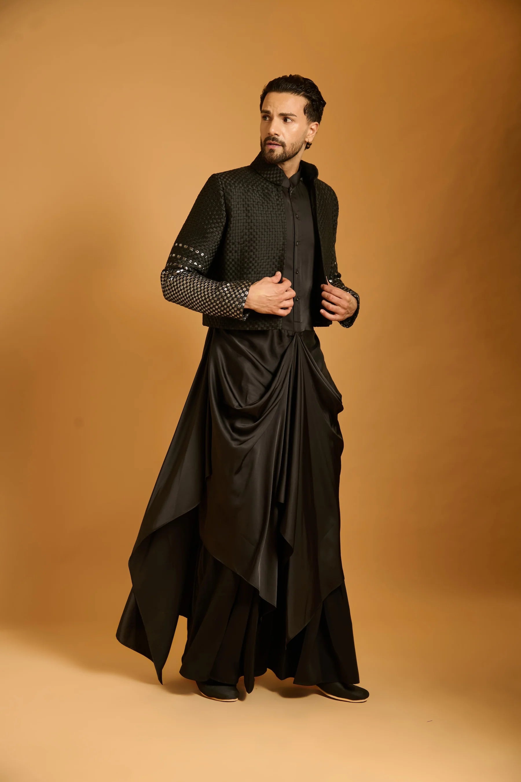 Trifecta black draped kurta