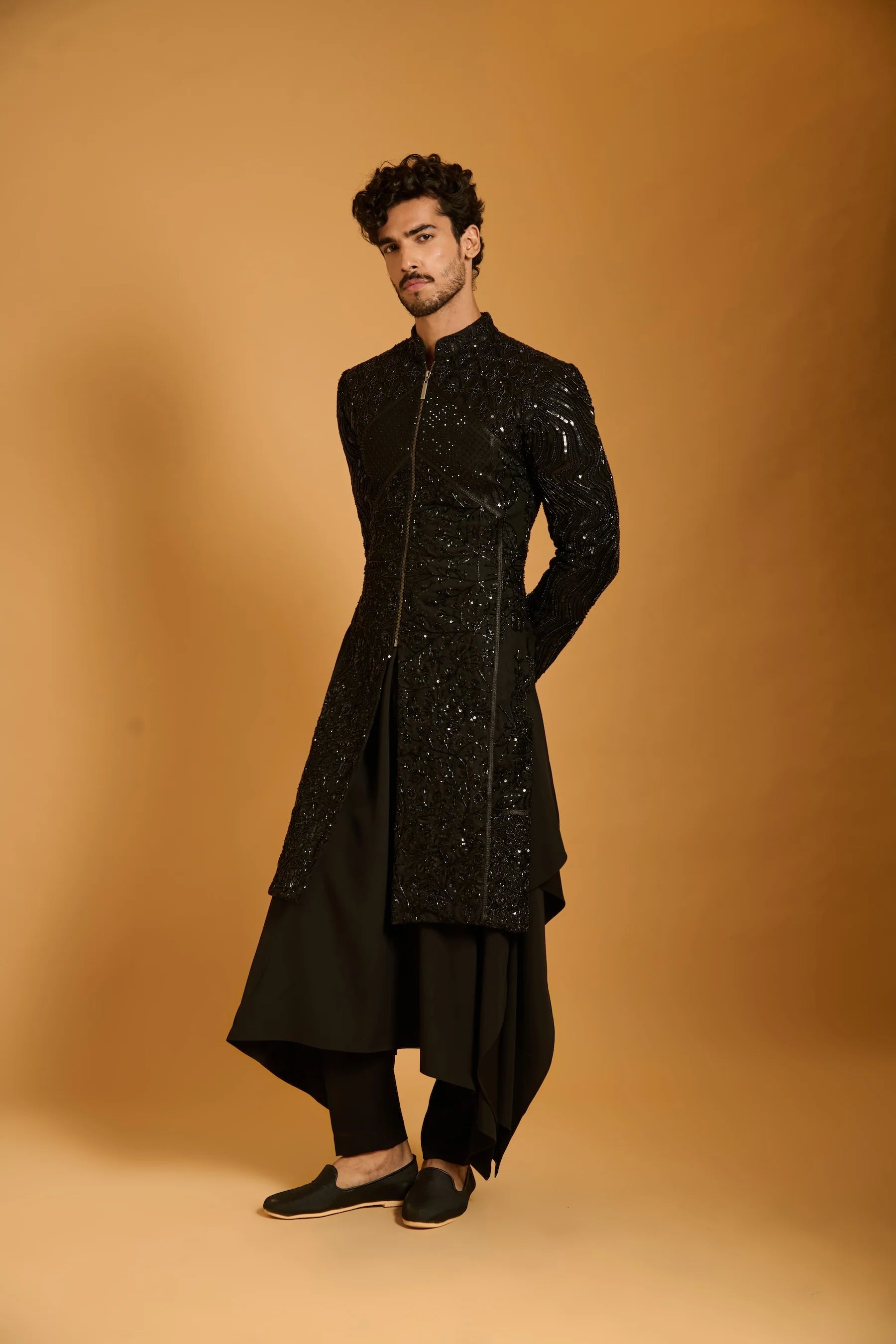 Trifecta black sequin paneled sherwani