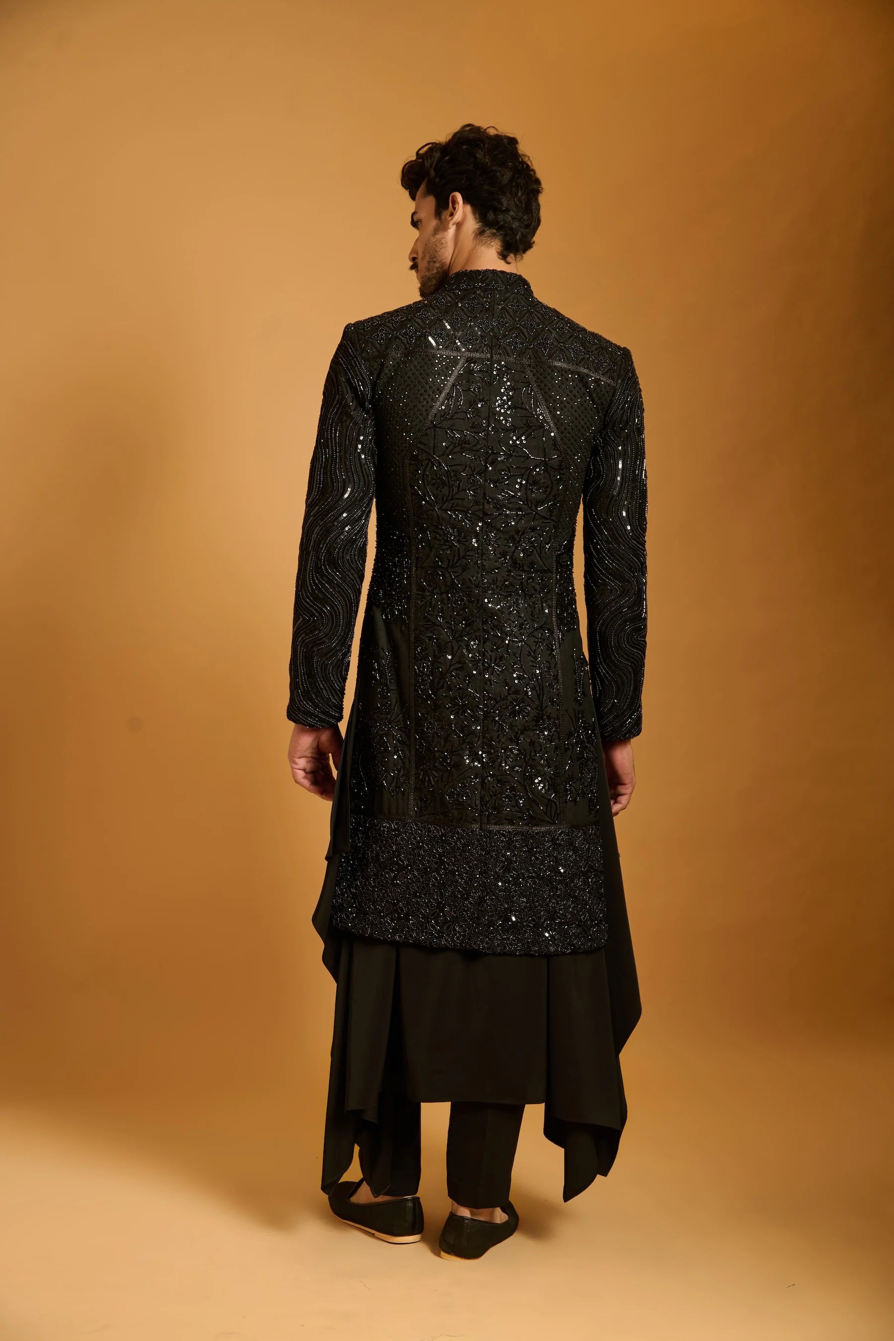 Trifecta black sequin paneled sherwani
