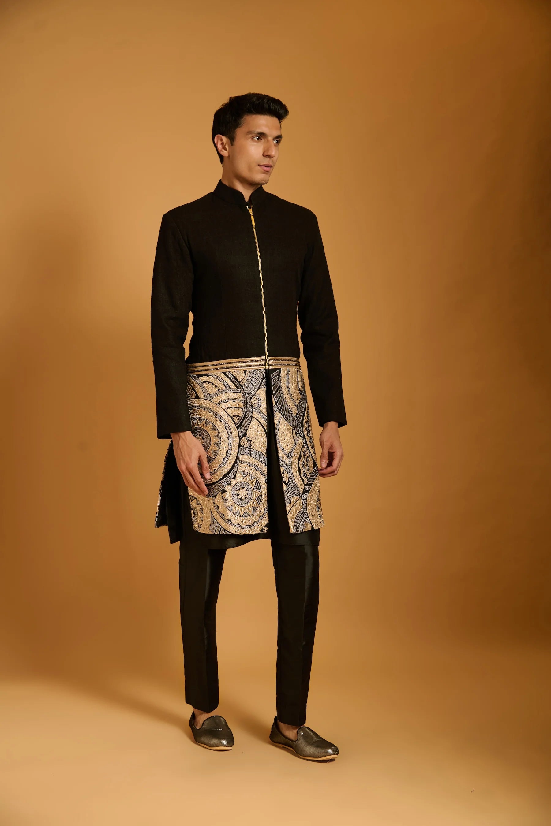 Trifecta black applique panel sherwani