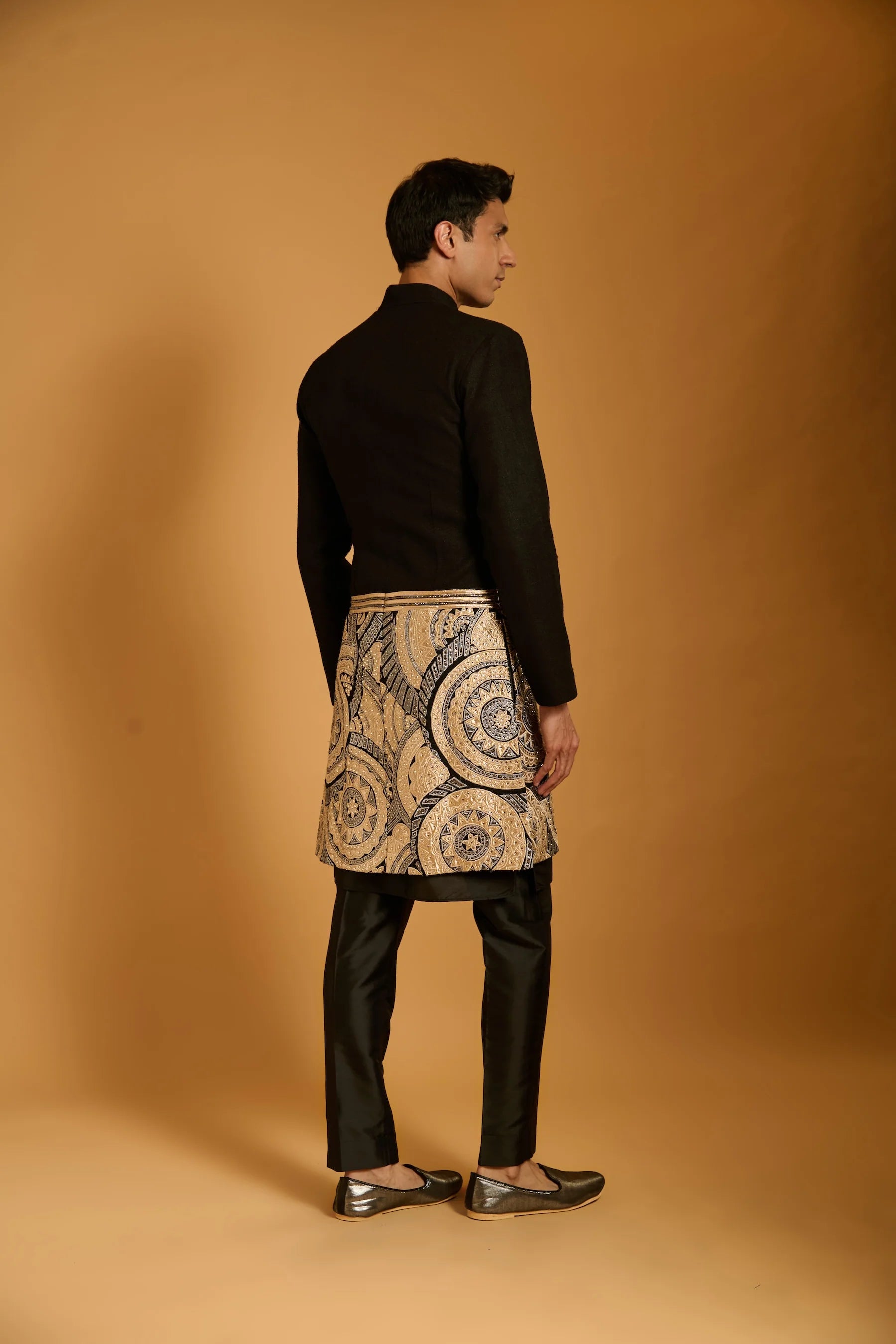 Trifecta black applique panel sherwani