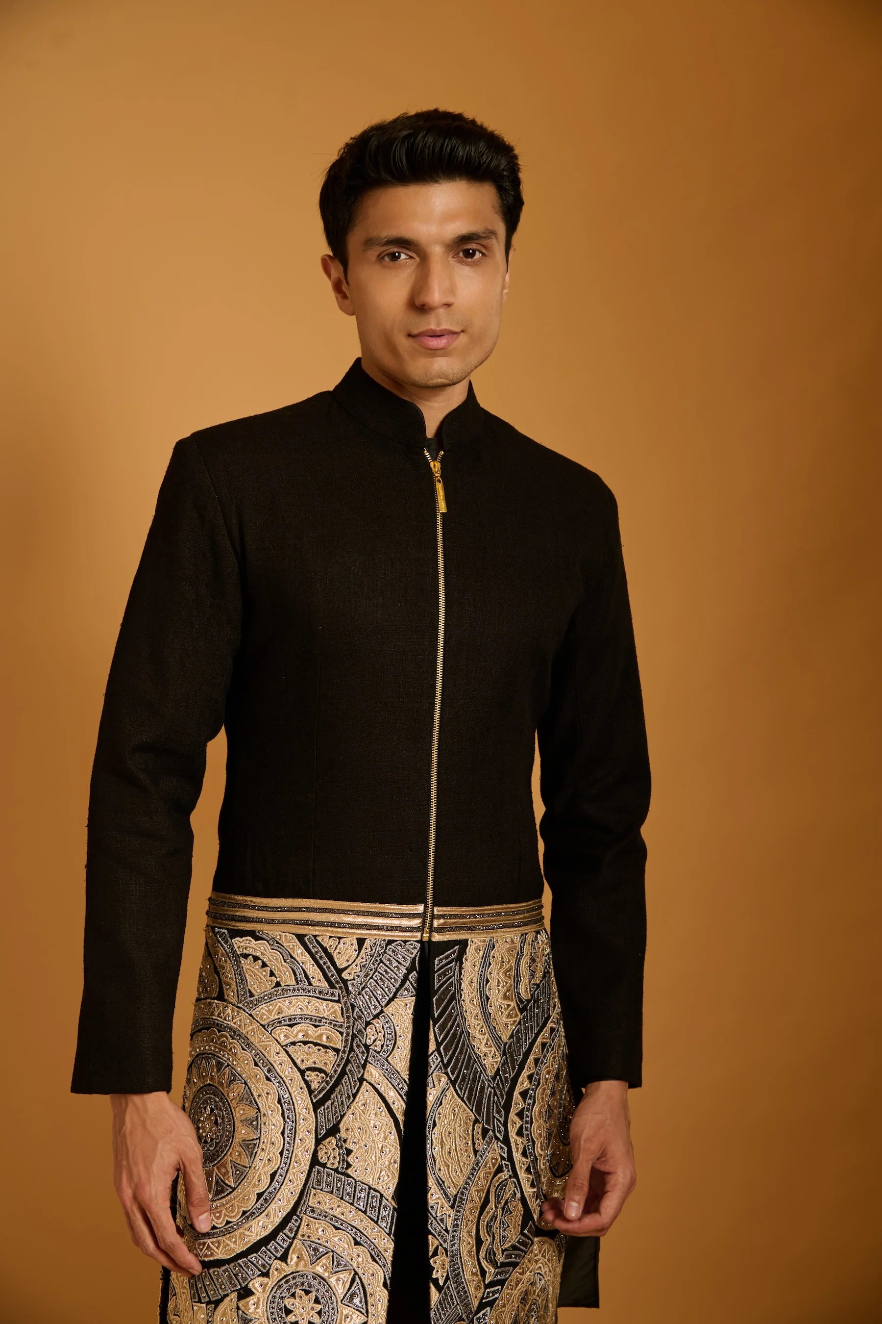 Trifecta black applique panel sherwani