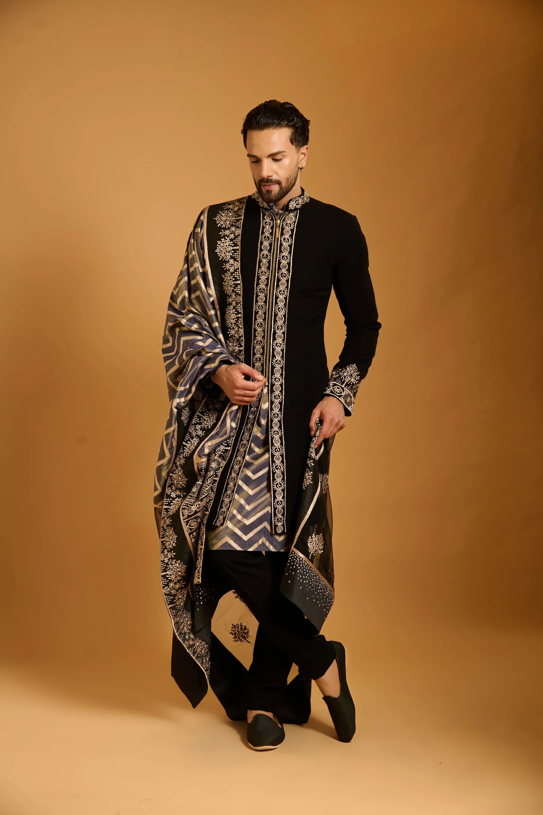 Trifecta black zari sherwani