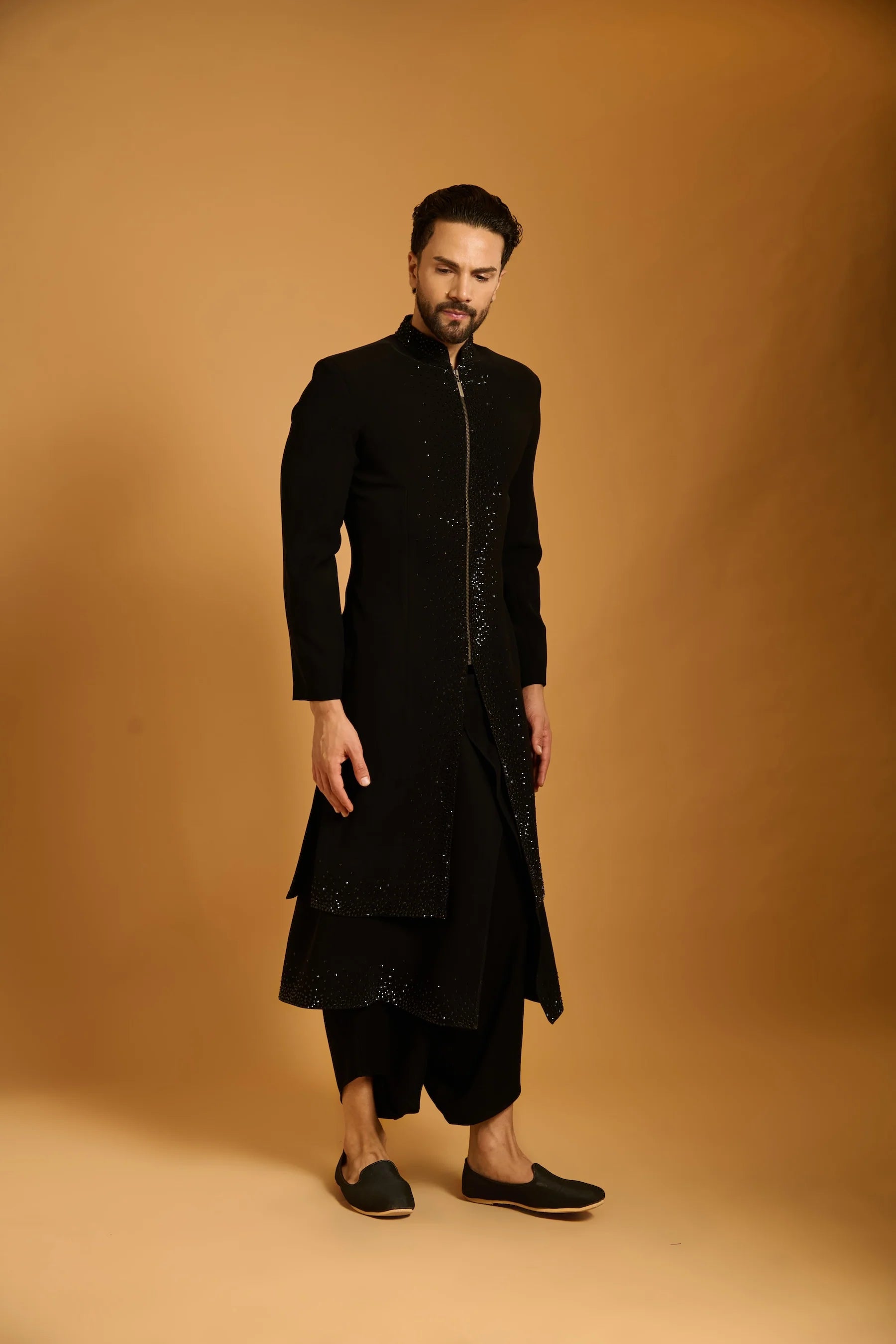 Trifecta black crystal sherwani