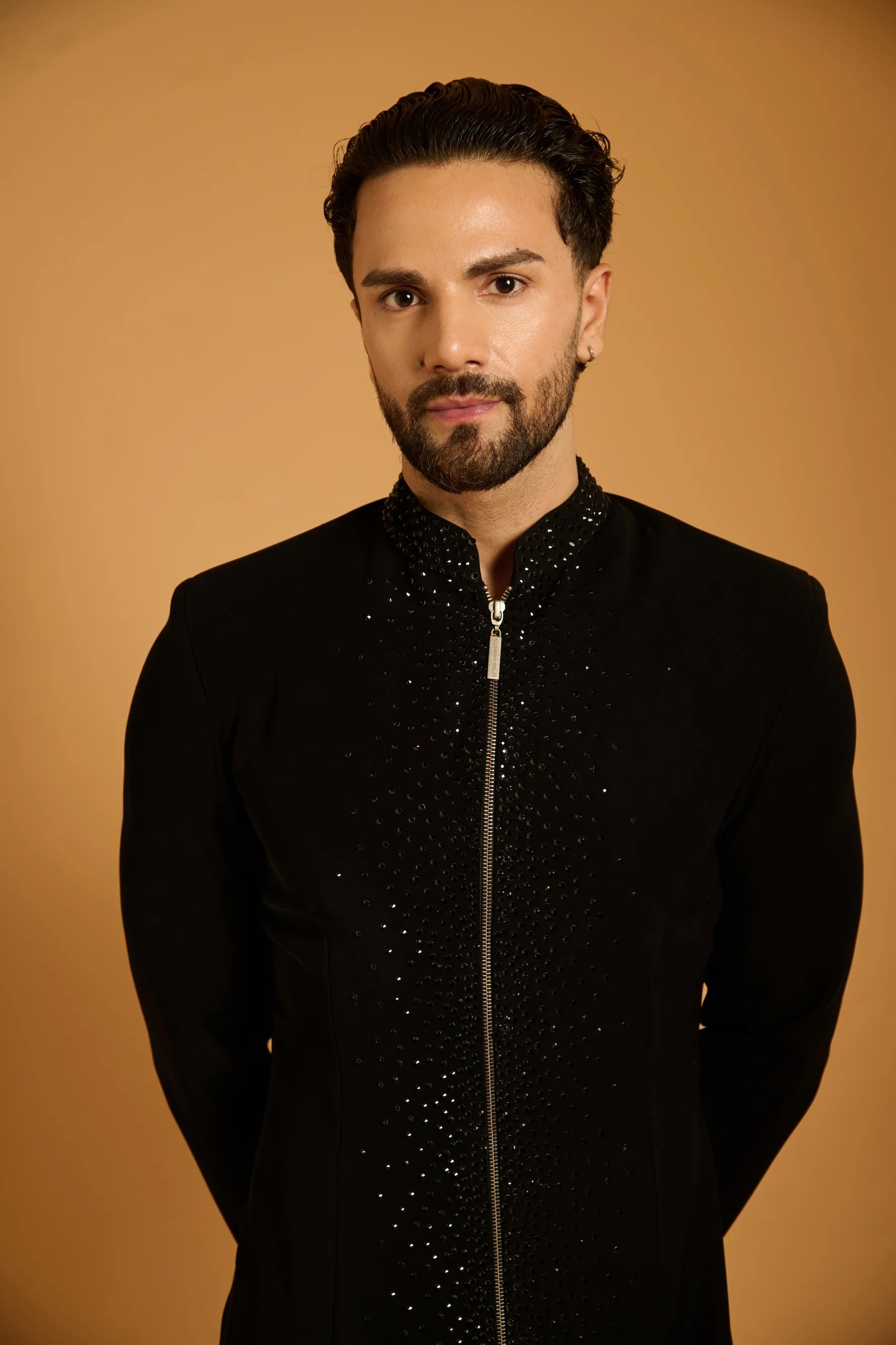 Trifecta black crystal sherwani