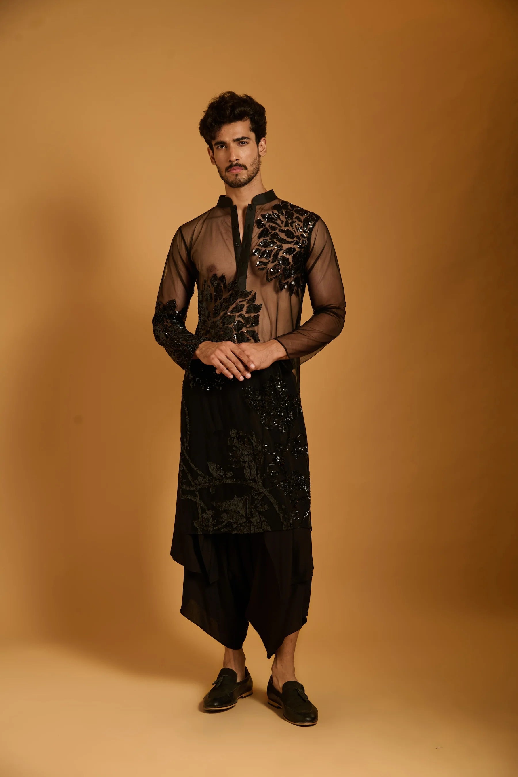Trifecta black floral sheer kurta