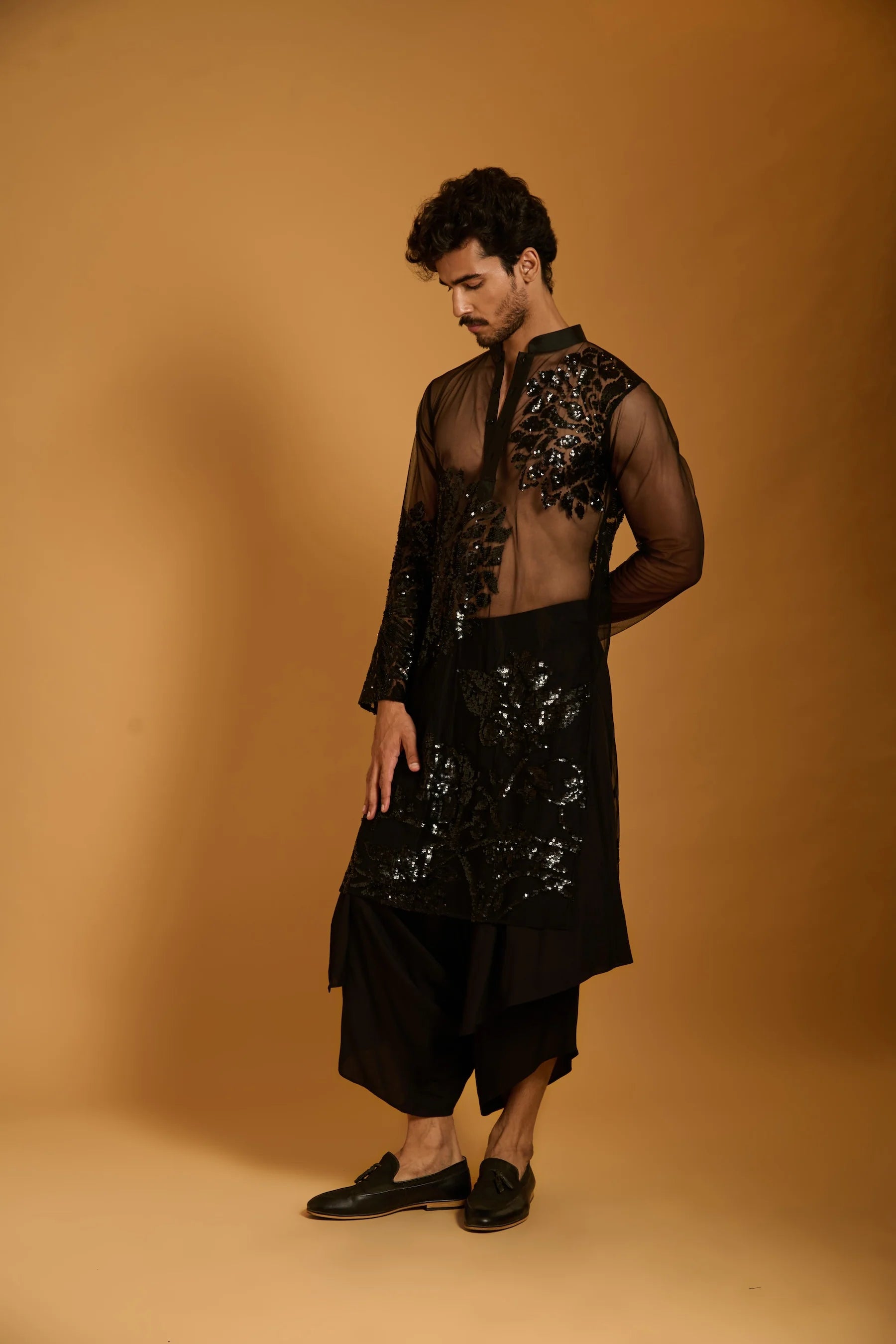 Trifecta black floral sheer kurta