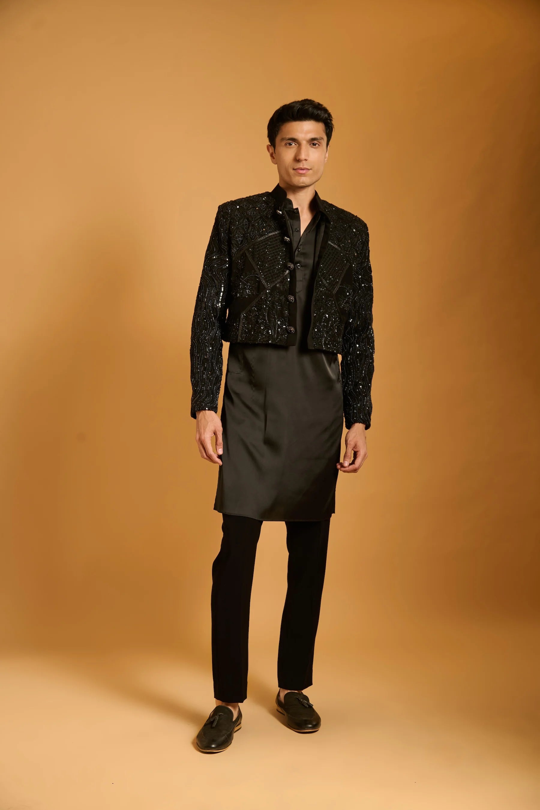 Trifecta black sequin paneled crop jacket