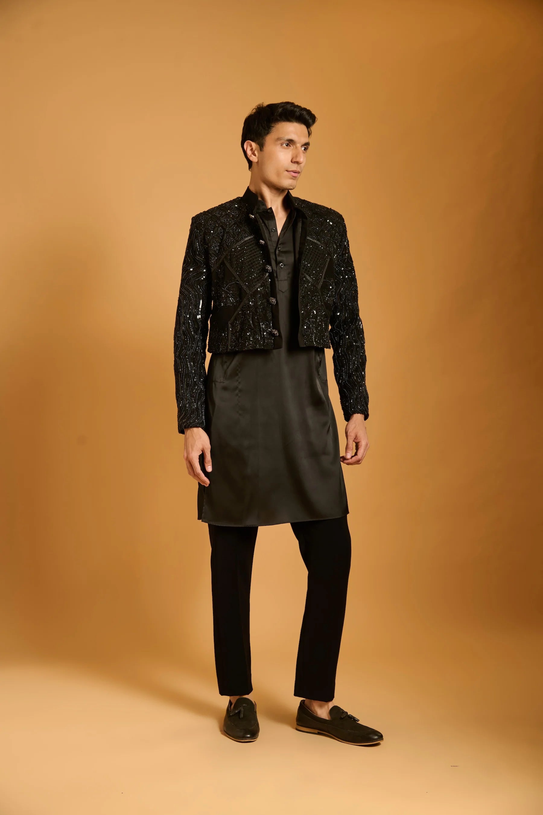 Trifecta black sequin paneled crop jacket