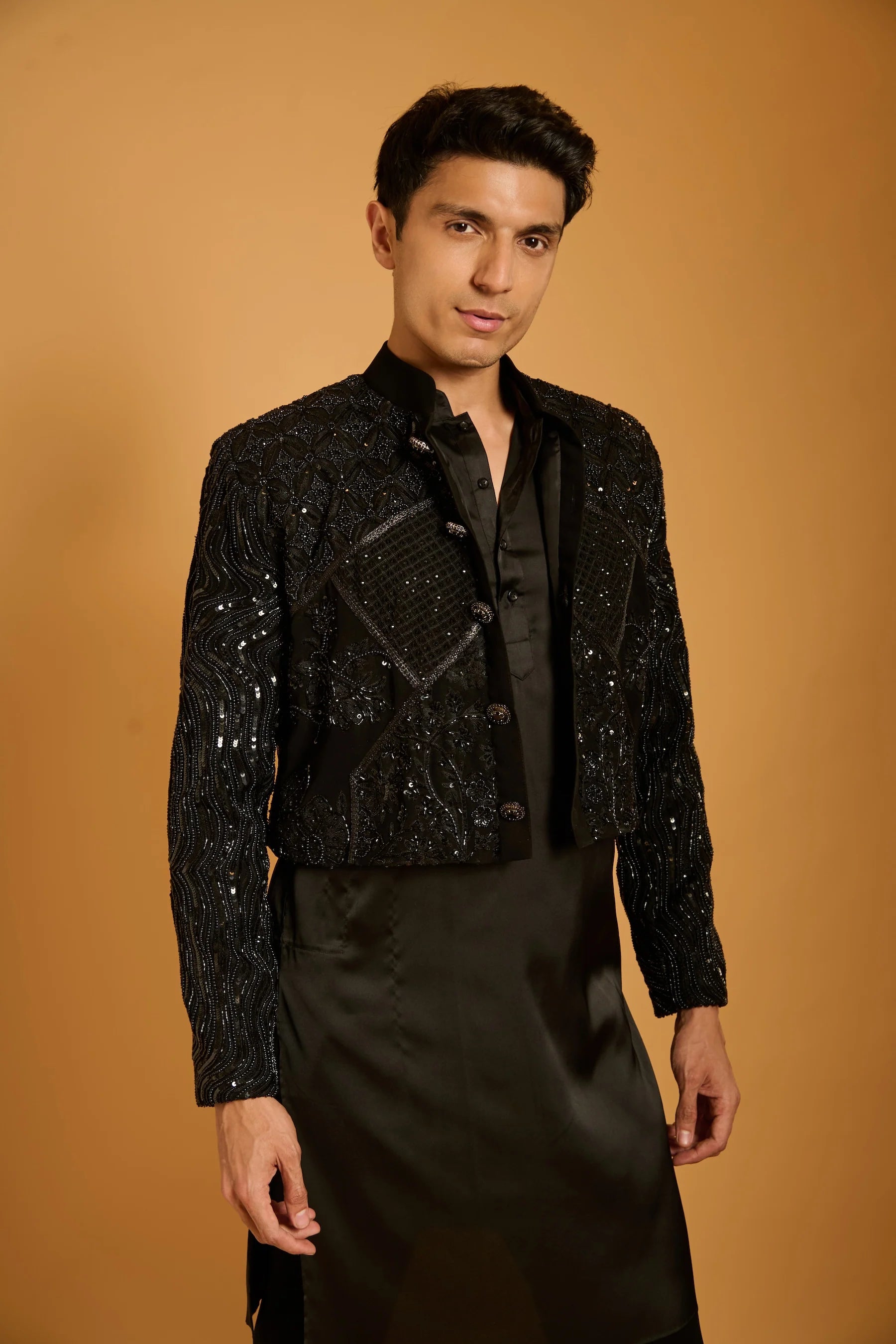 Trifecta black sequin paneled crop jacket