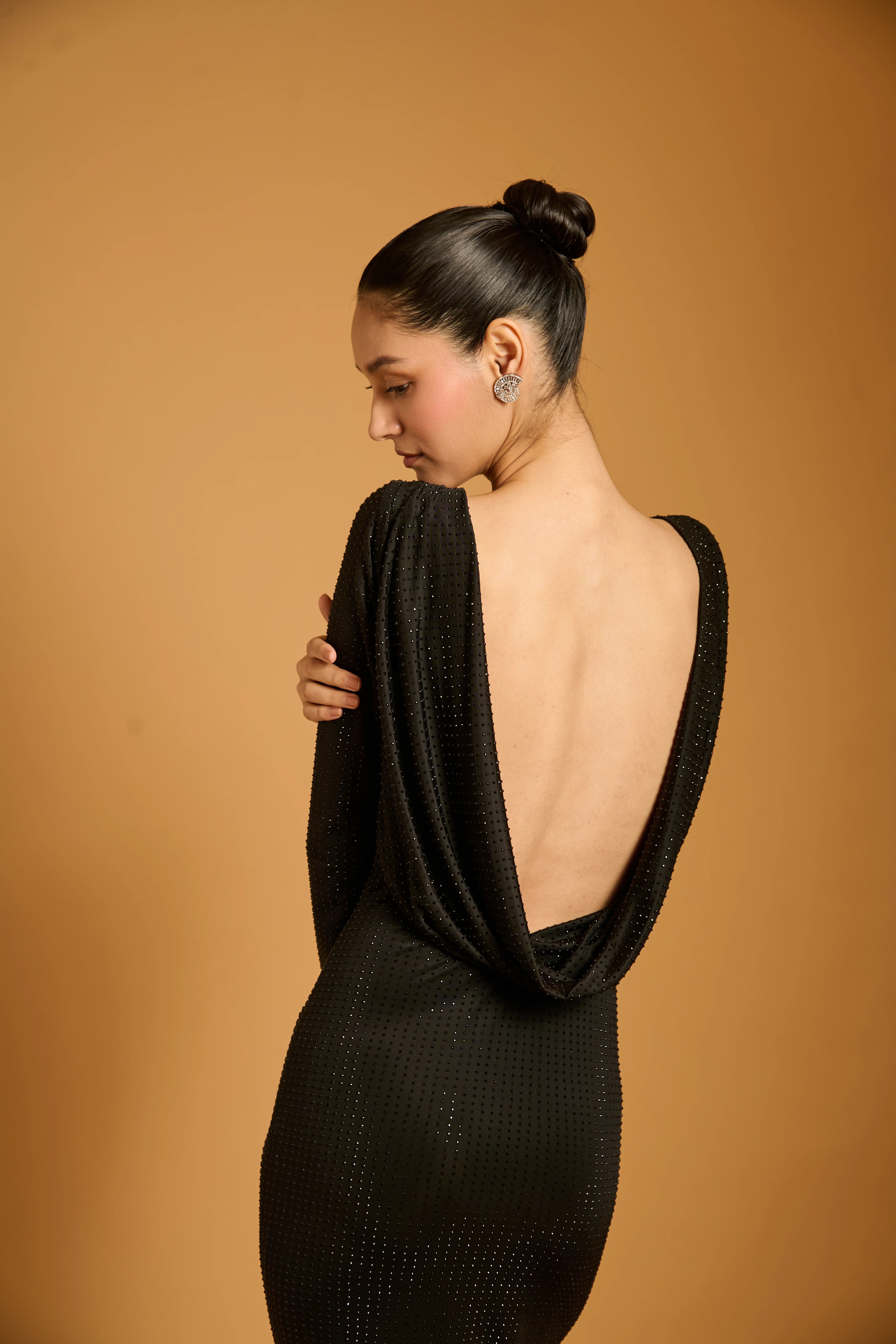Trifecta black crystal cowl gown