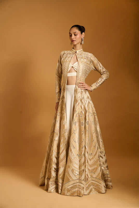 Trifecta ivory applique anarkali jacket.